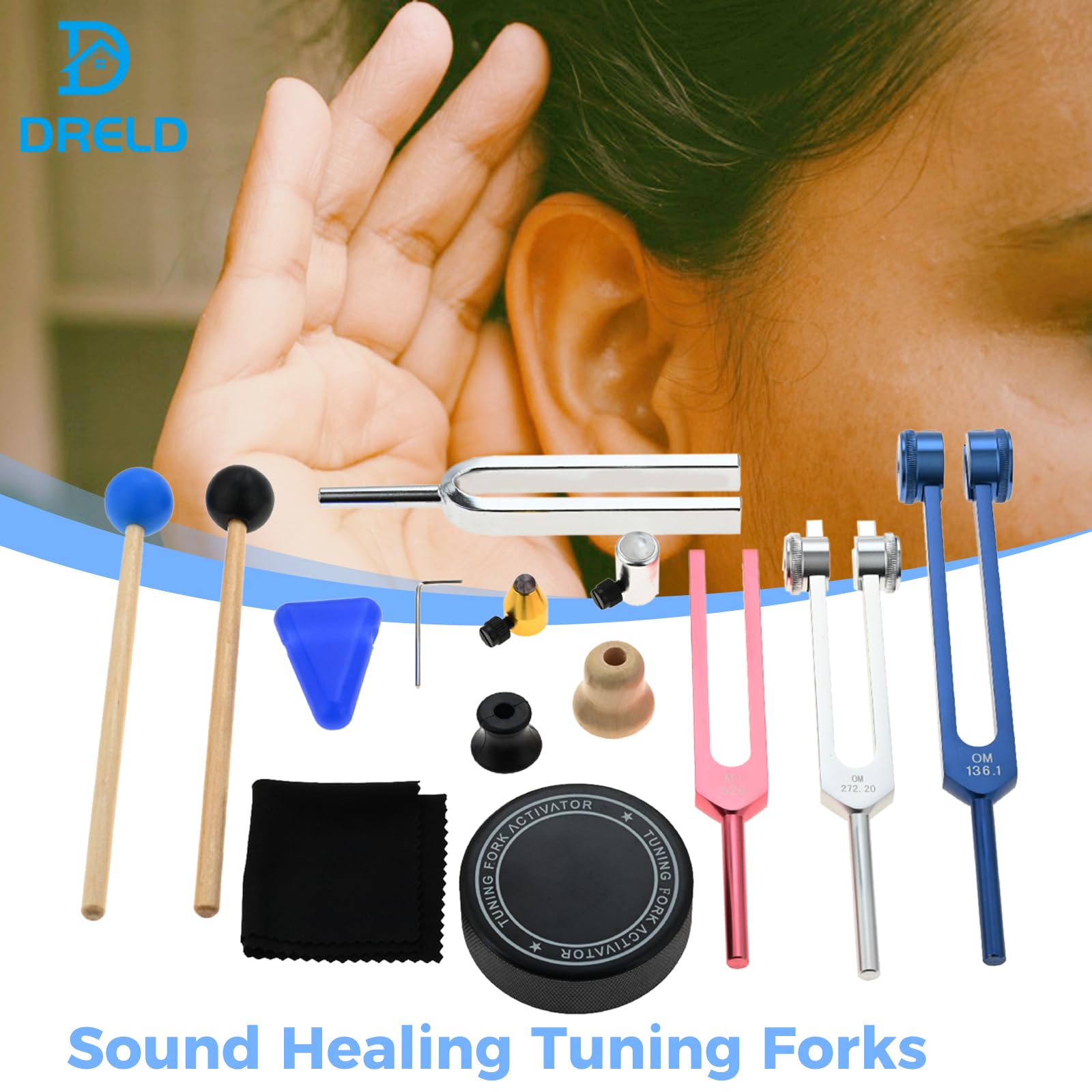 DRELD Kit de tenedores de afinación A440hz MI528 0M272.2 OM136.1, instrumento de curación colorido para terapia de sonido de chakras con martillo, bolsa de almacenamiento, activador de horquilla de