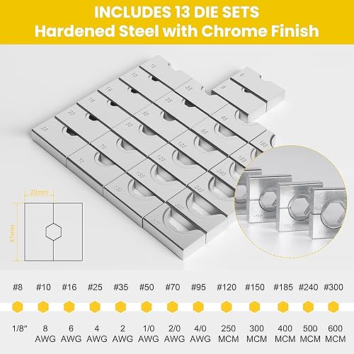 Miniatura 4 de HYCLAT Herramienta de prensado de alambre hidráulico de 16 toneladas, engarzadora de terminal de cable de batería, con 13 pares de troqueles,