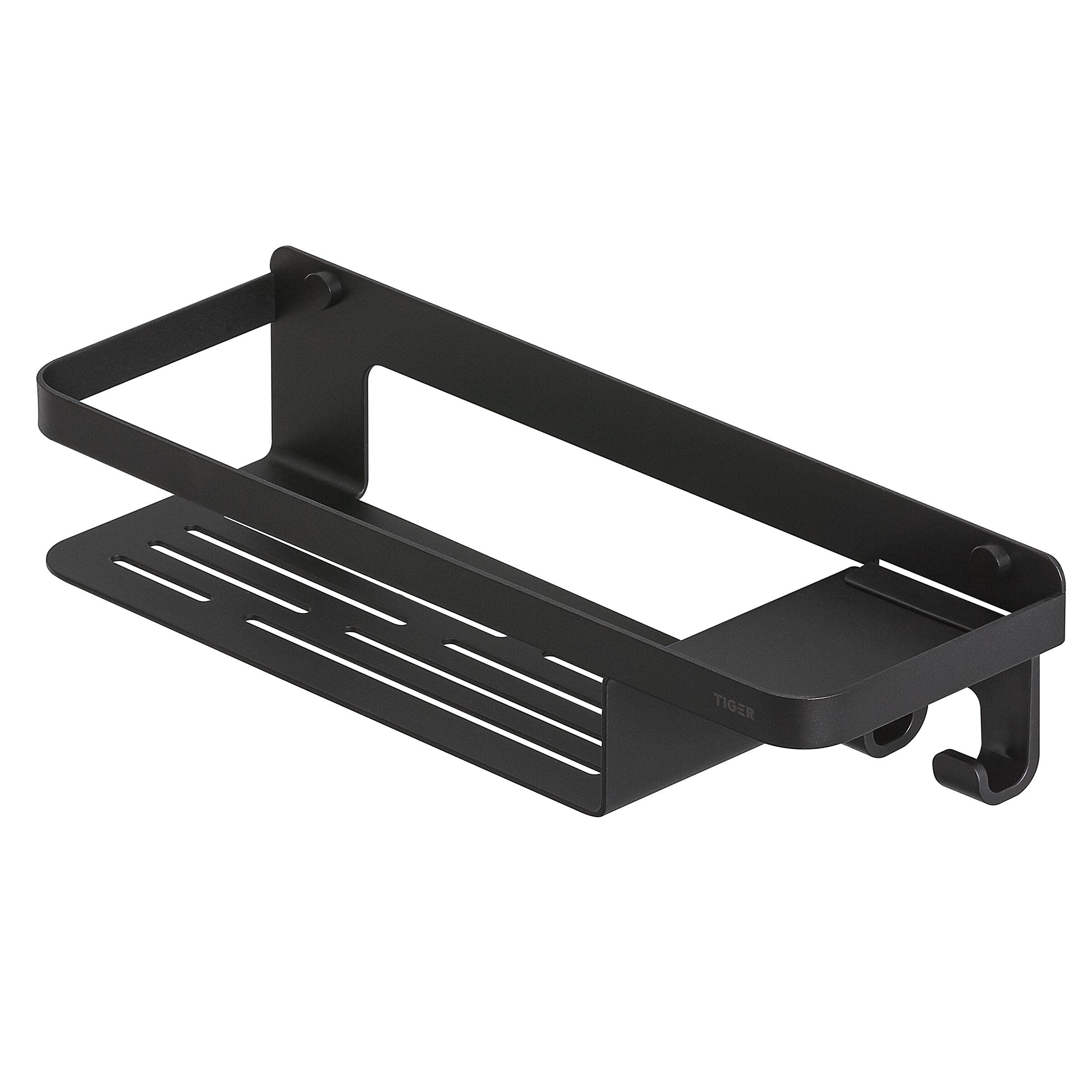 Tiger Caddy Duschkorb mit Haken, Duschablage aus Edelstahl mit integriertem Haken für Handtuch, Schwamm, Rasierer oder Duschabzieher, Farbe: Schwarz BxHxT: 32 x 7,2 x 10,6 cm