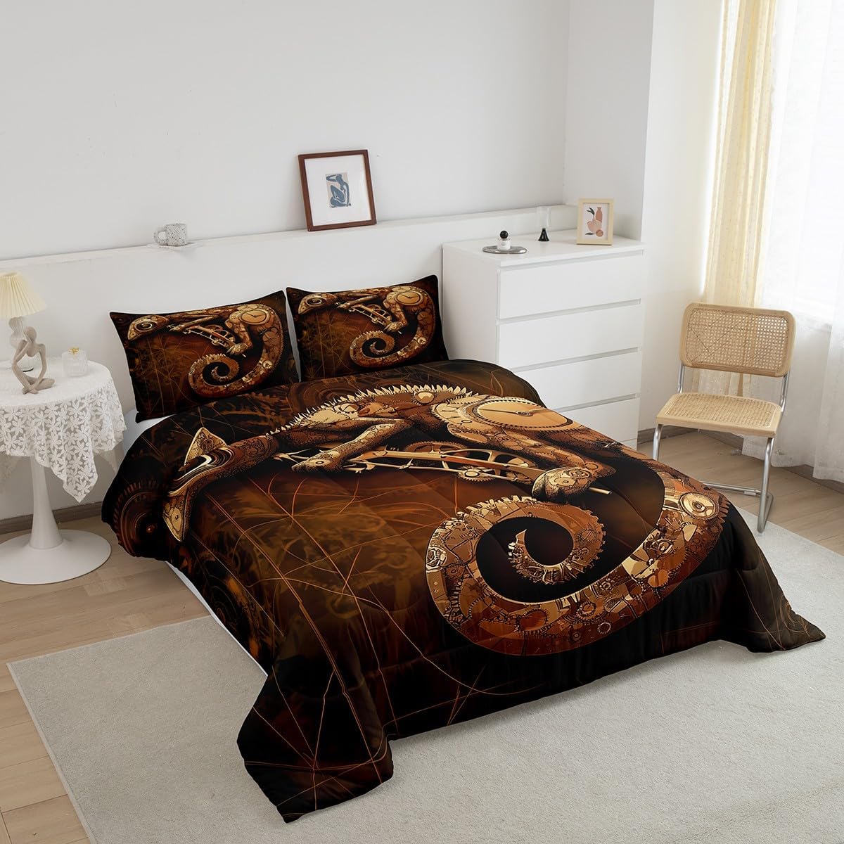 Erosebridal Ndustrial Gear Bedding Set Full Size Steampunk Style Comforter Set Clocks Theme Duvet Set Mechanical Device Comforter Set for Little Kids Boys Teens Retro Room Decorative