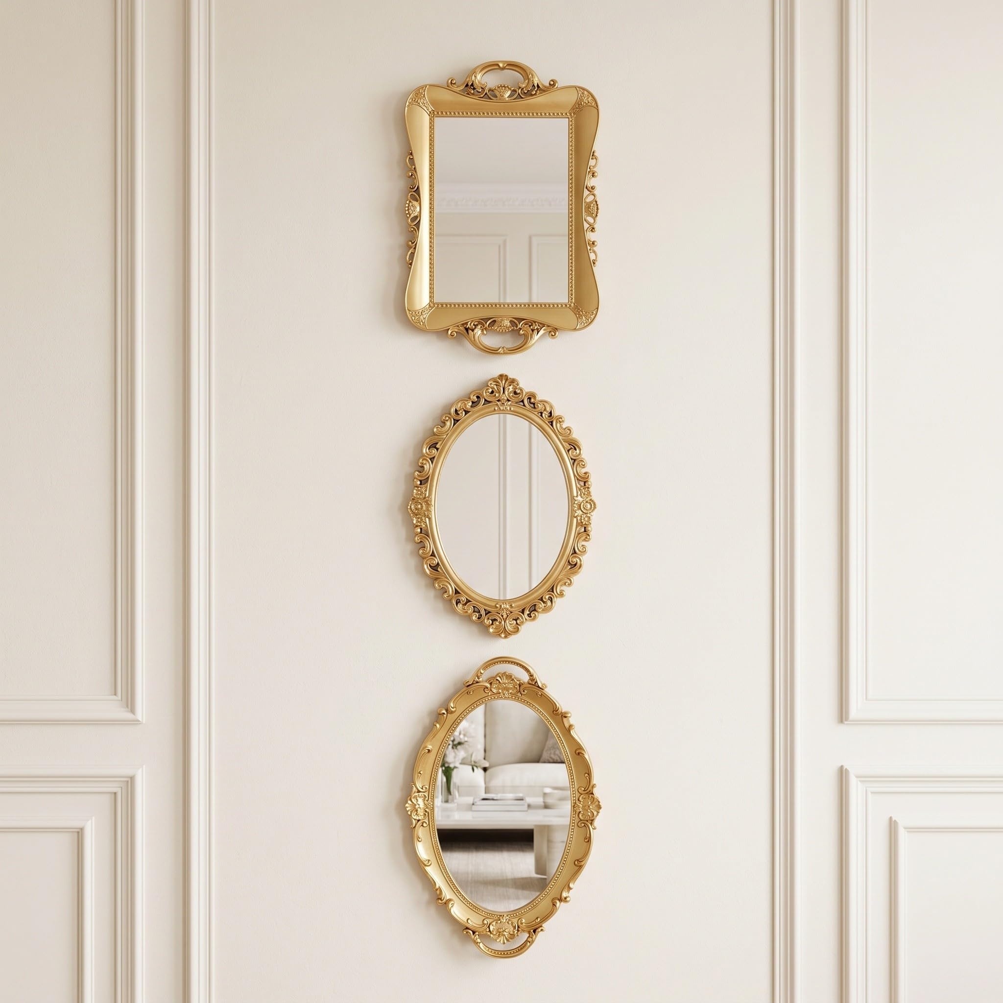 3 Pezzi Set di Specchi Vintage in Resina Oro con Organizer per Gioielli, Finitura Antica in Design D’epoca, Dimensioni 38,5x23,5 Cm, per Bagno e Camera