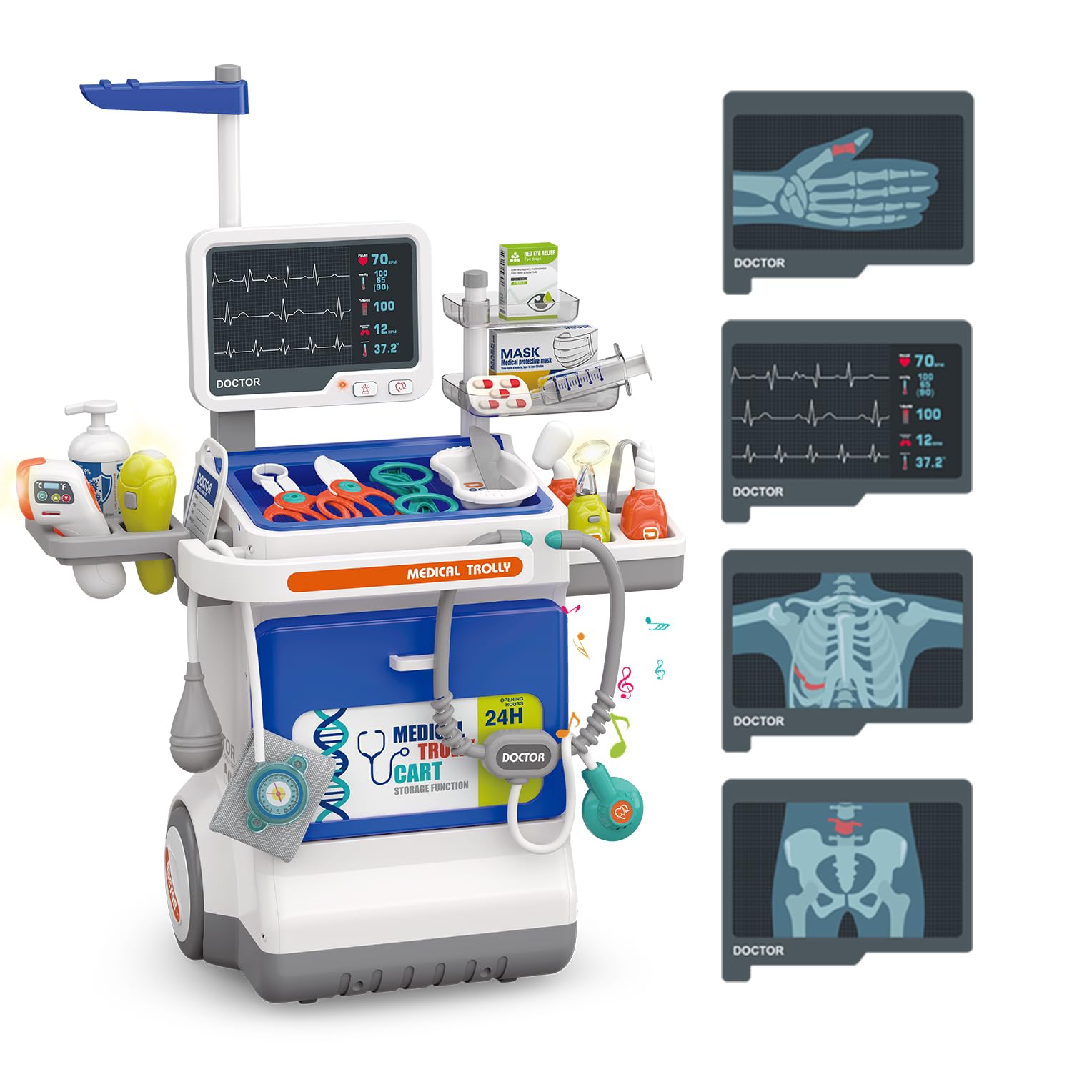 Mallette Docteur Enfant 32 Pièces Kit Médical Jouet avec Stéthoscope, Thermomètre, Seringue, Chariot