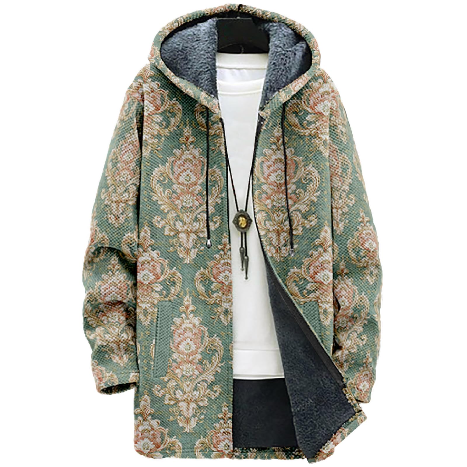 MARSVOVO Cardigans for Men Western Fleece Jacket Warm Fleece Fall Winter Casual Zipper Hooded Neck Coat with Pockets