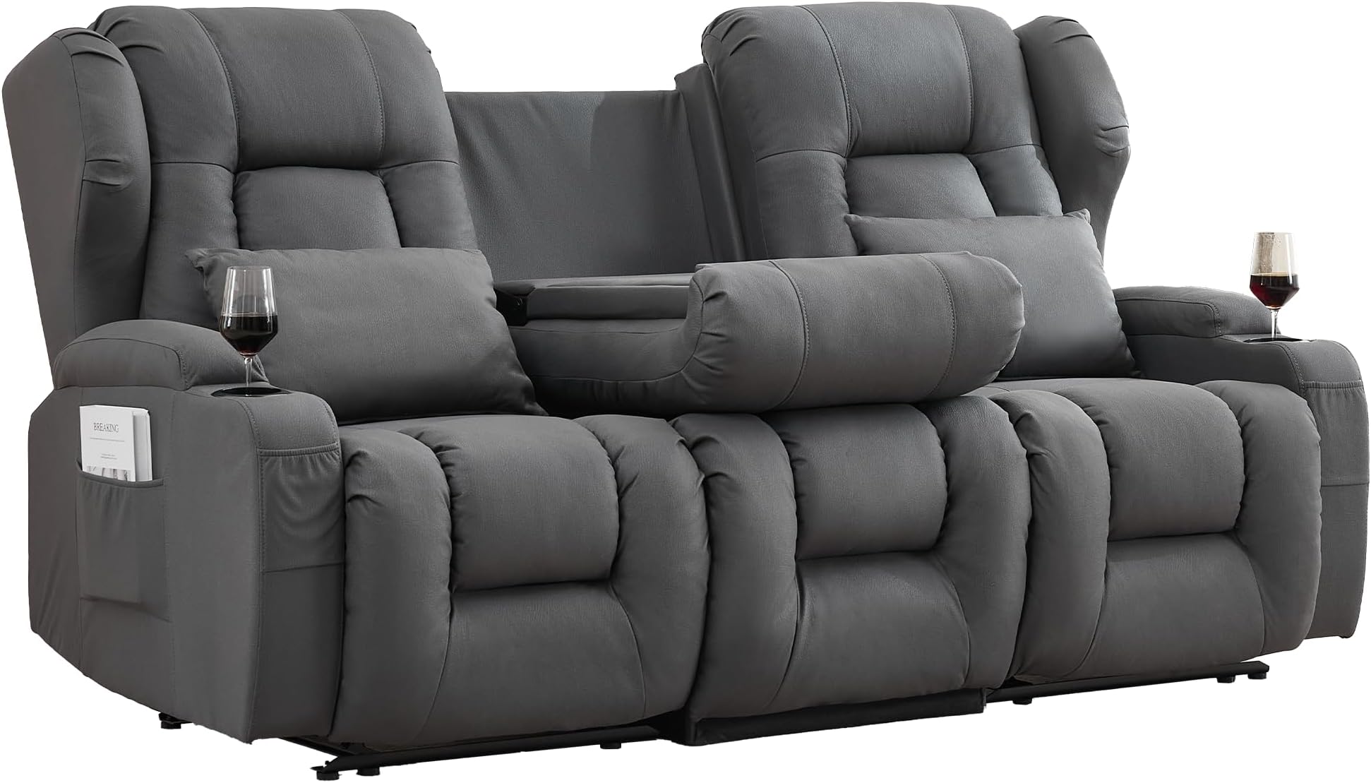 Recliner Sofa Couch, 3 Seater Manual Wall Hugger Reclining Sofa with Flip-Down Middle Backrest & Cup Holders, Fabric Reclining Couch for Living Room, Home Theater & RV (Dark Grey, 3 Seat)