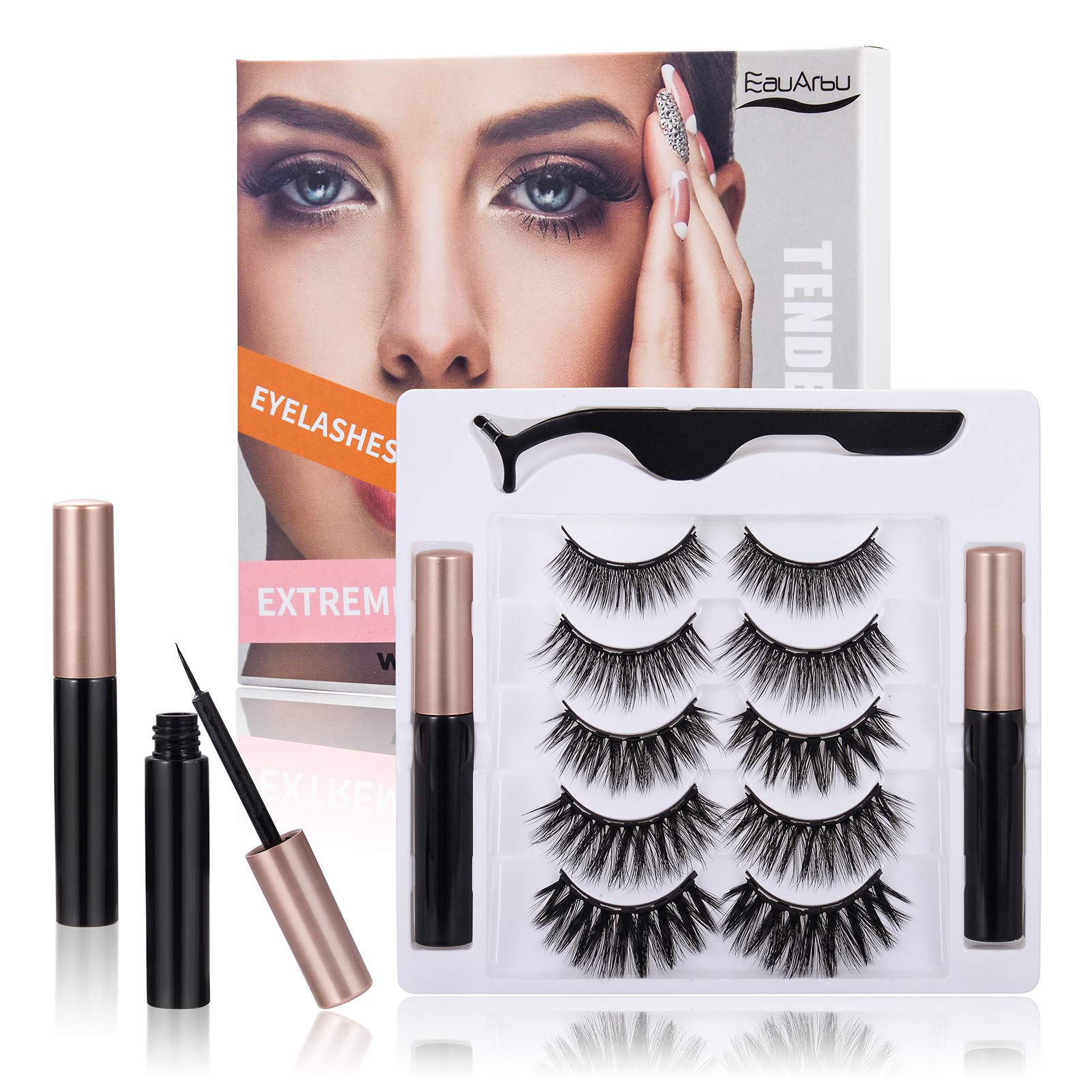EauArbu Tender Magnetic Eyelashes Hand-Make Kit-Upgraded Tech And Lux comfortable Material Make Your Eyes Glossy and Seem to Speak【False Lashes 5 Pairs,Design For UPTURNED EYE 】