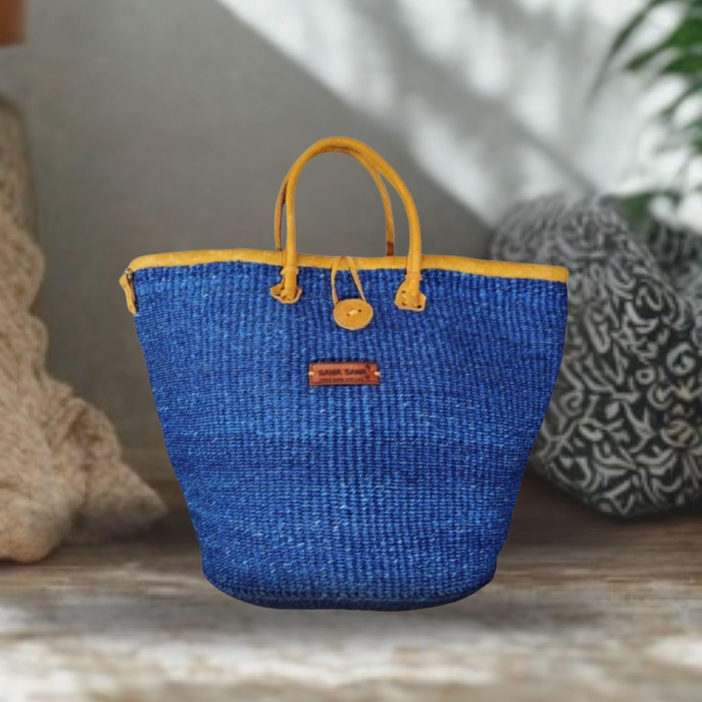 Nourishment Handmade Sisal Straw Basket Tote Bag, Lightweight Market Basket with Leather Strap Handles and Button Closure, Large Straw Purse Suitable for Travel, Handmade Summer Tote Handbag for Women - Image 3