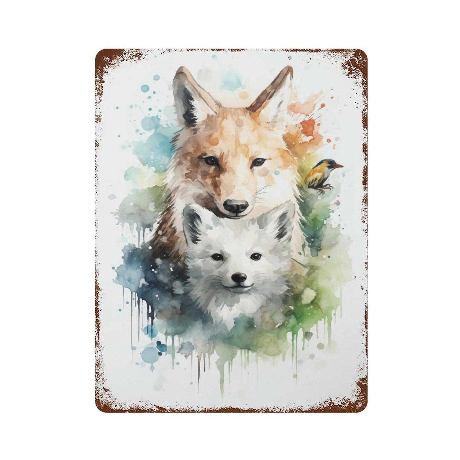 Distressed Metal Wall Sign Wolf Watercolor 15.7"x11.8", Vintage Wall Decor for Garage, Bar And Workshop Decor