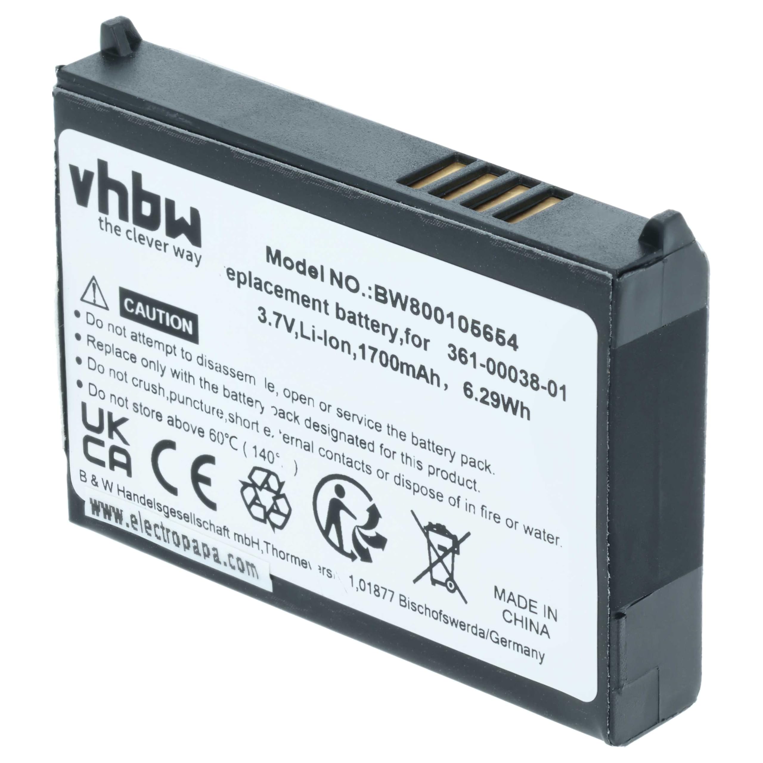 vhbw batteria sostituisce Garmin 361-00038-01, 010-11143-00 per navigatore GPS (1700mAh, 3,7V, Li-Ion)