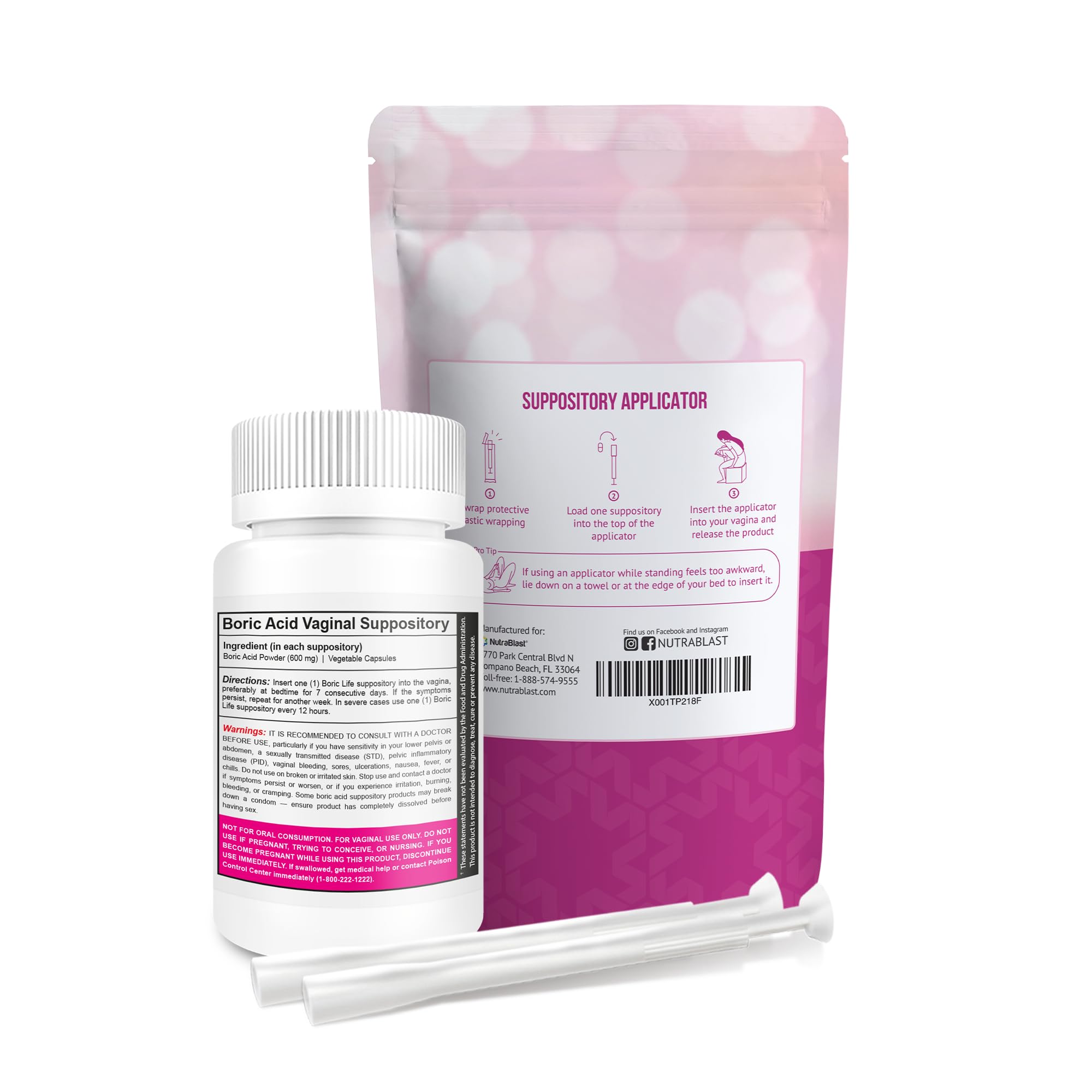 NutraBlast Boric Acid Vaginal Suppositories 600mg Bundle with Applicator, 30 Suppositories & 15 Applicators - Feminine Care - Made in USA