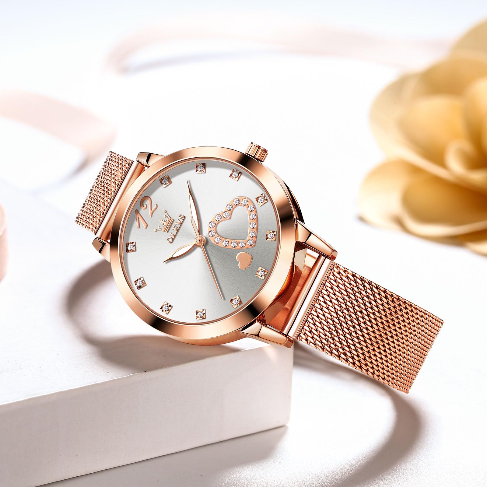 OLEVS Roségold Damenuhr Edelstahl, Lässig Klein Armbanduhr Damen Wasserdicht, Moderne Analog Uhr Damen mit Mesh Armband, Ultradünne Damen Uhr mit Diamant Herz