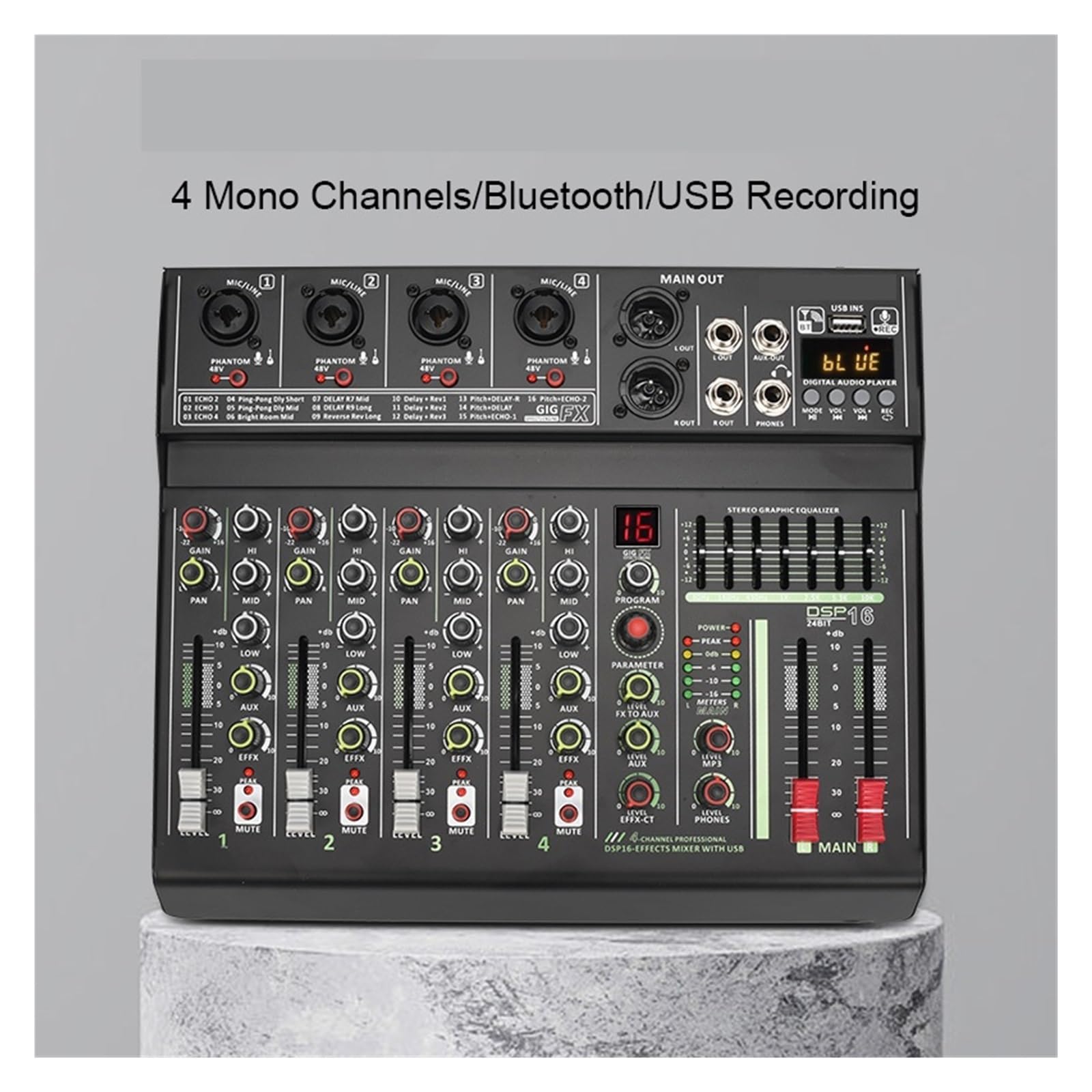DJ Mix, Mixer DJ A 4 Canali Console di Missaggio Professionale 16 DSP Alimentazione Phantom 48V Individuale Riproduzione USB Registra Tavolo Professionale