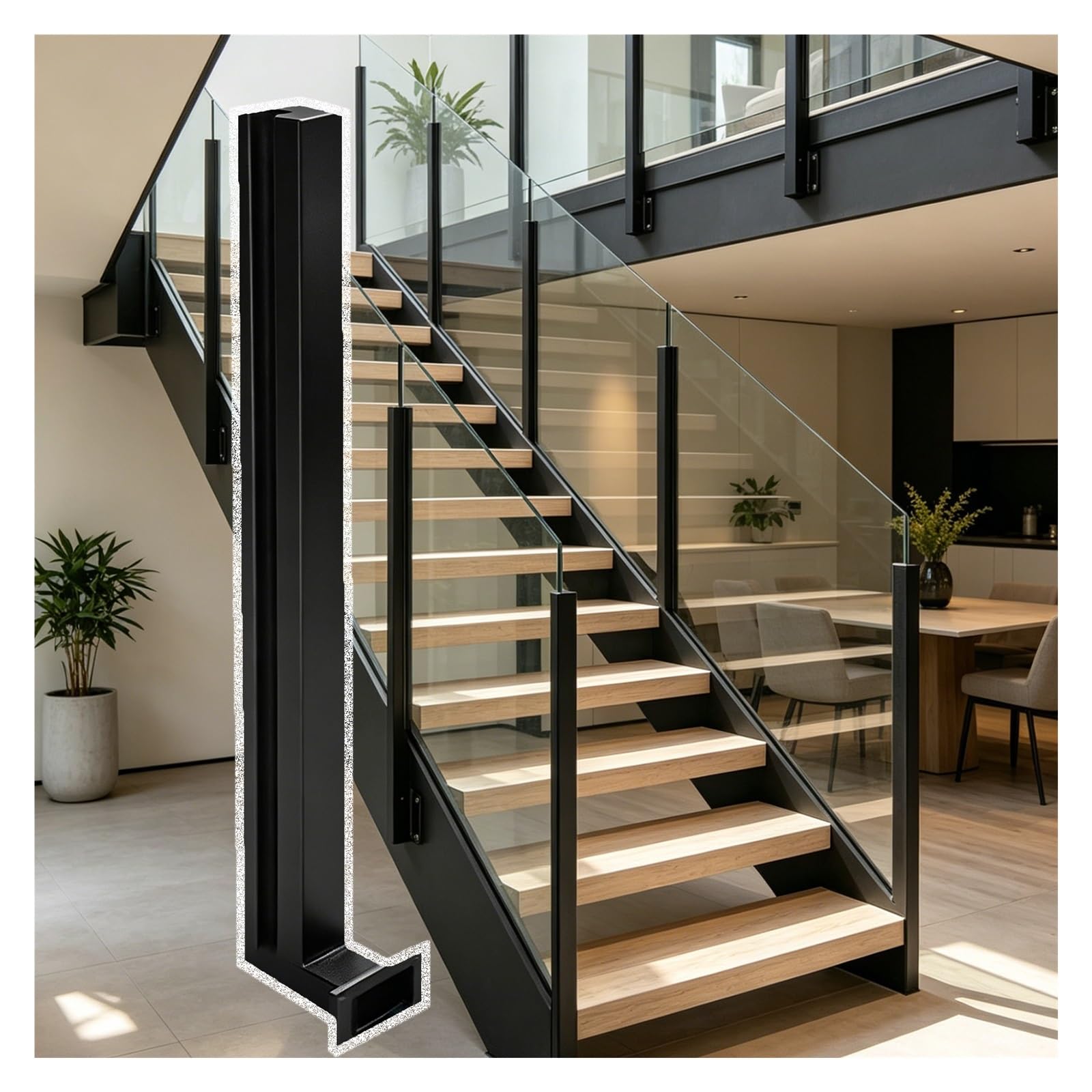 Poteau de garde-corps carré noir 42'' avec fixation latérale robuste d'extrémité droite