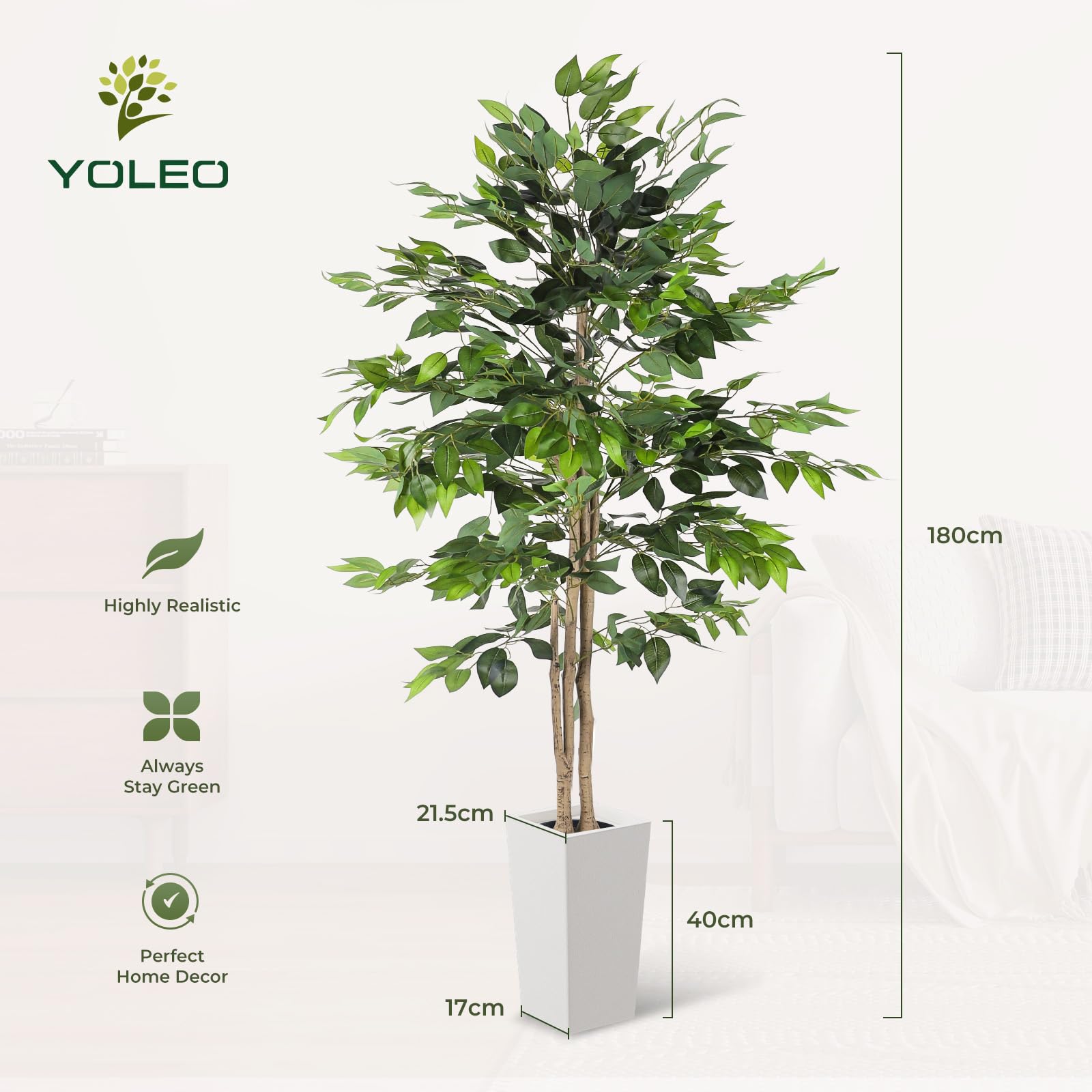 YOLEO Kunstpflanze Ficus Benjamini 180cm mit weißem Topf | Kunstbaum Ficusbaum wie echt, Birkenfeige für Wohnzimmer, Büro, Garten