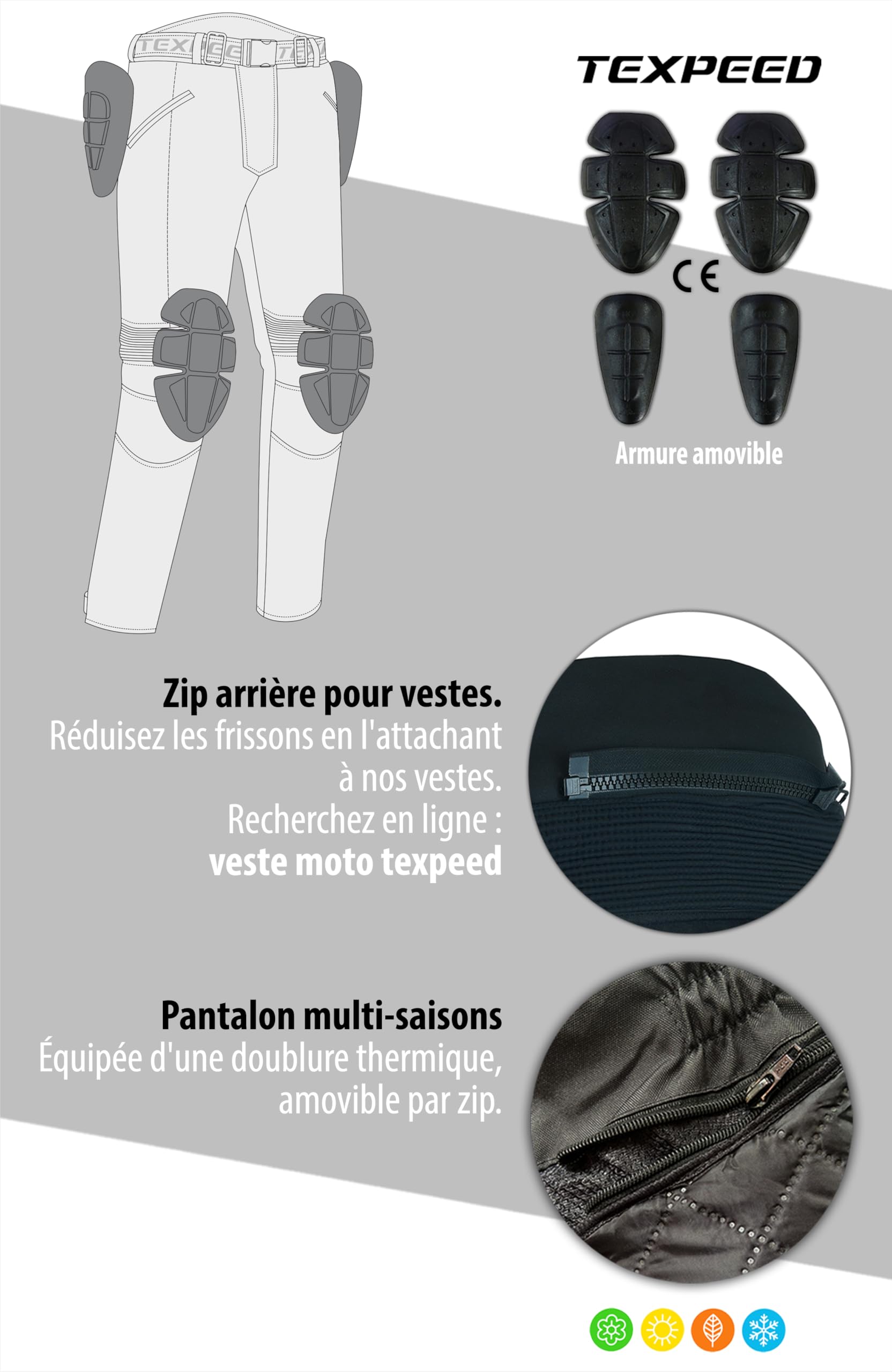 Texpeed Pantalon Moto Homme Homologué - Hiver/été Cordura Imperméable - Avec Armure CE Protection (EN 1621-1) Gris - XL Taille/Longue Jambe