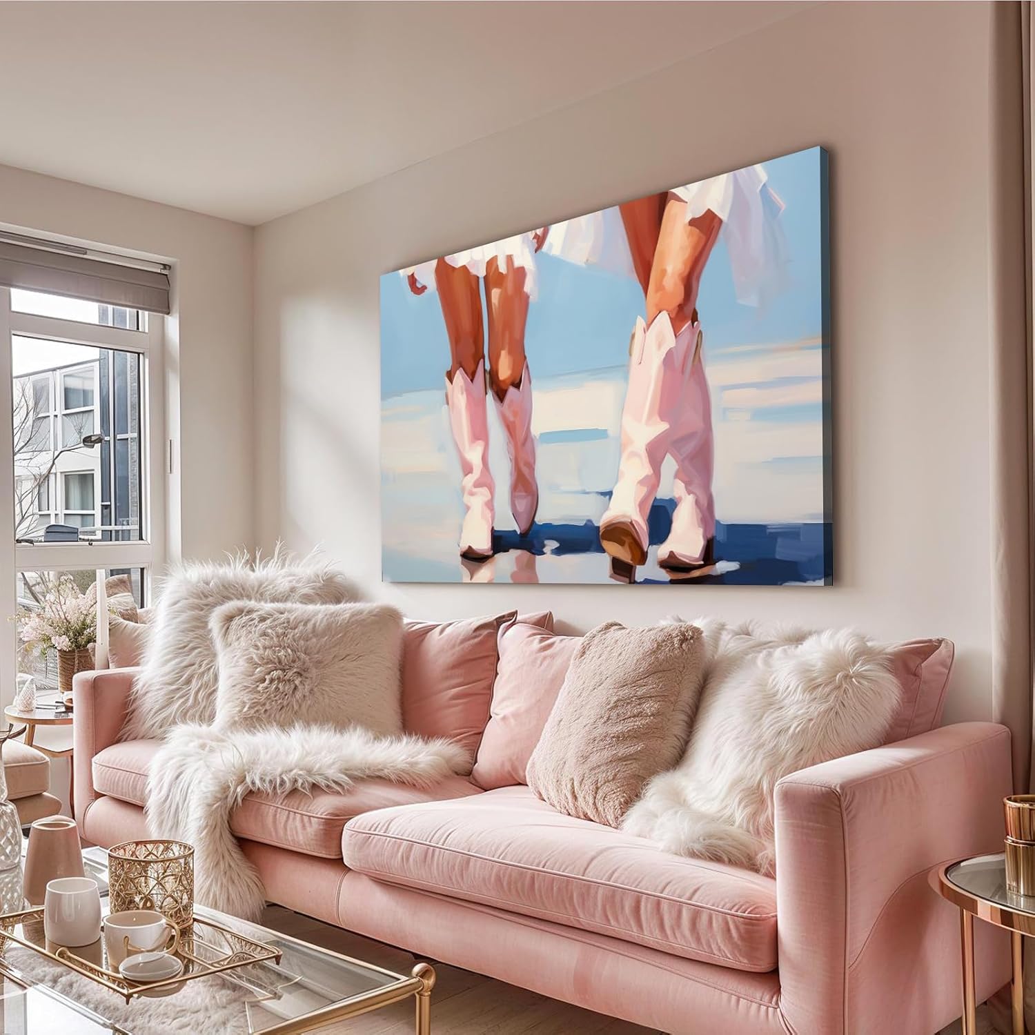 Cowgirl Boots Wall Art Pink Cowboy Boots Canvas Wall Art Western Aesthetic Canvas Prints Poster Trendy Preppy Girls Aesthetic Room Decor Picture for Apartment Bedroom Dorm 24x16in Framed