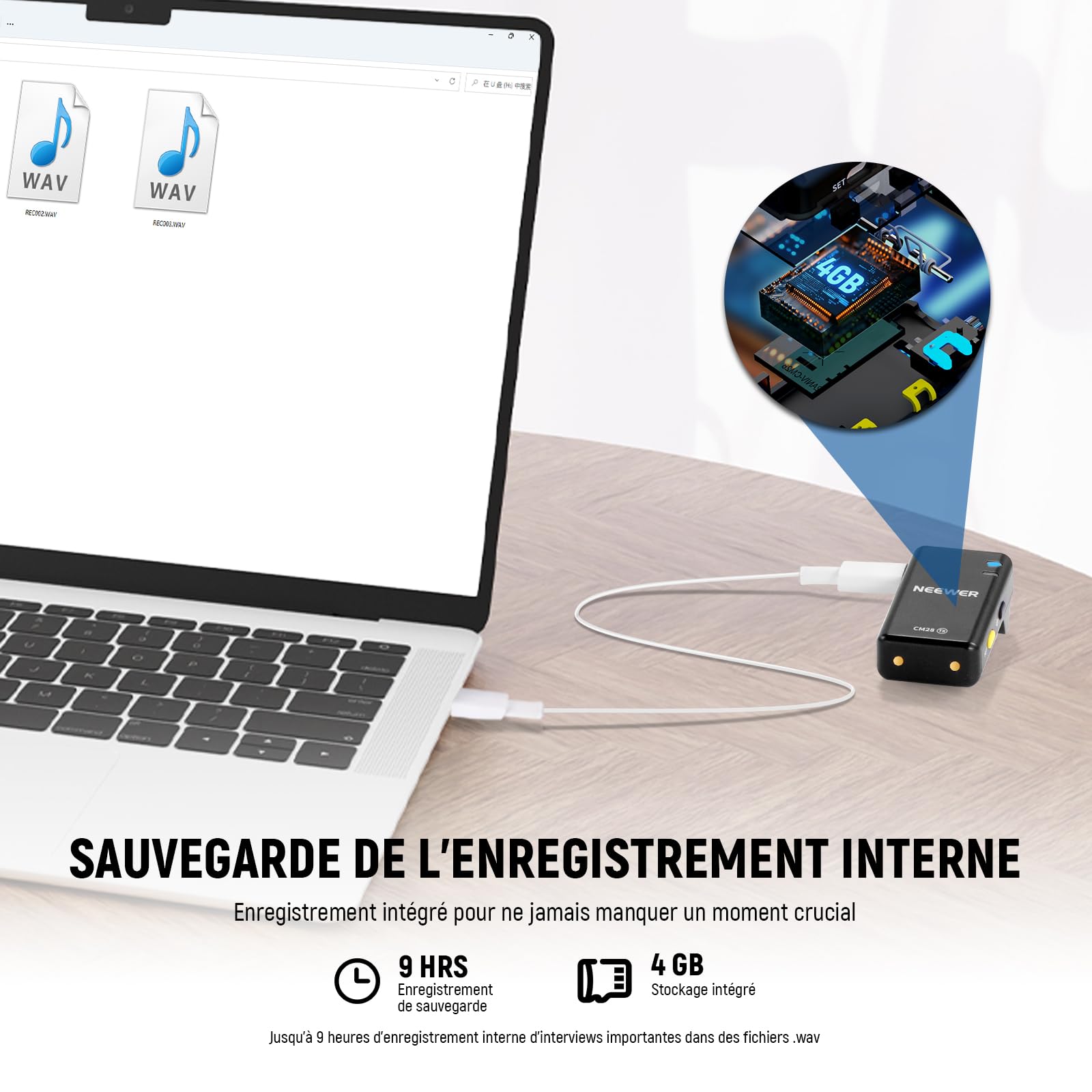NEEWER CM28 Système de microphone sans fil Lavalier avec étui de chargement, 2 clips de micro, stockage de 4 Go, autonomie de 9 heures, micro-cravate compatible avec iPhone/Android/PC/appareil photo