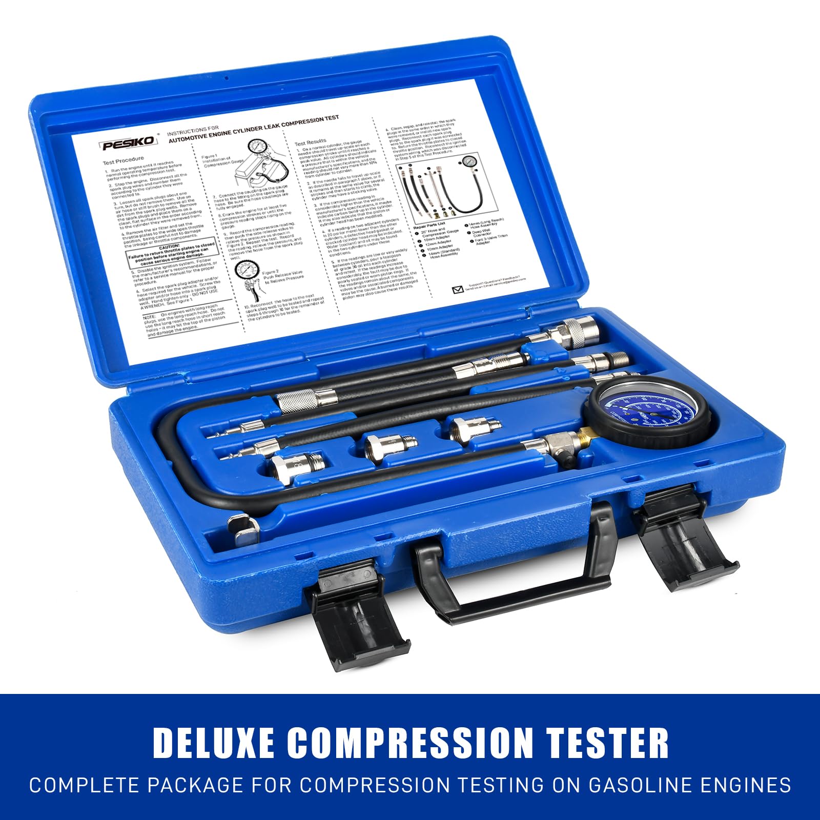 Kompressionstester Set 0-300 psi / 20.7 Bar für Benzin-Motoren, Kompressionsprüfer Zylinder-Kompressionstester mit Zündkerzen-Adaptern als Druckverlustprüfer