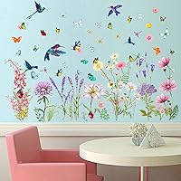 Vista 3 de Calcomanías de flores de primavera, crisantemos, lirio de lavanda, pájaros, mariposas, libélulas, mariquitas, calcomanías de pared florales