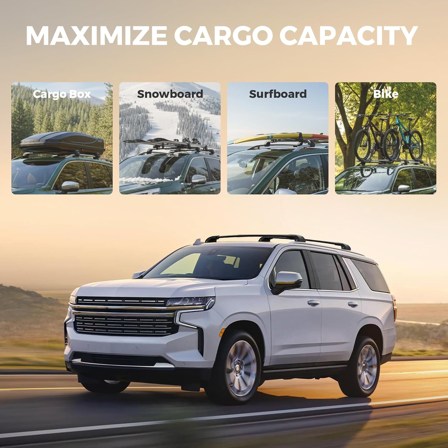 Roof Rack Cross Bars Compatible with Chevrolet Chevy Tahoe&Suburban 2015-2020, Heavy Duty 300 LBS Lockable Aluminum Crossbars, Anti-Theft Rooftop Cargo Carrier for Bike, Kayak, Ski, Cargo Box&Luggage