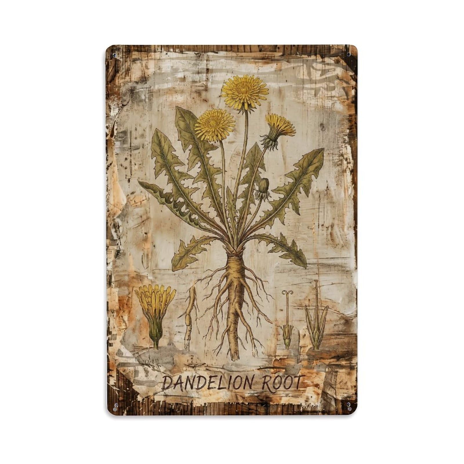 Dandelion Root Botanical 1 Vintage Metal Tin Sign Plaque Wall Decor for Cafe, Club, Garden Metal Poster 8x12Inch
