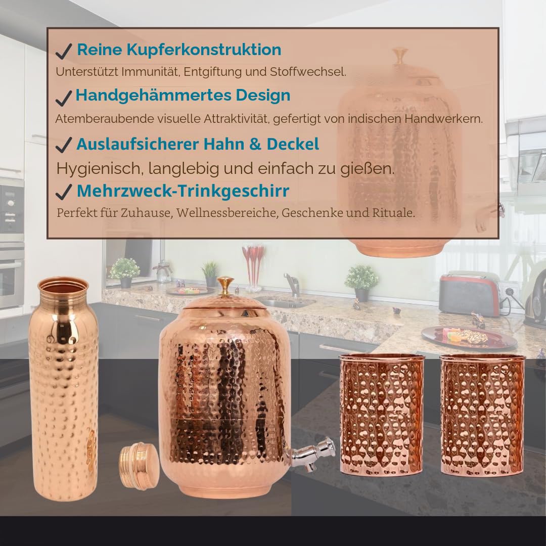 Trinkgeschirr-Wasserspender aus reinem Kupfer, 8 l, gehämmerte Oberfläche, Ayurveda-Gesundheitsheilung, 8 Liter Fassungsvermögen, Wasserbehälter mit 2 passenden Gläsern und 1 Kupferflasche