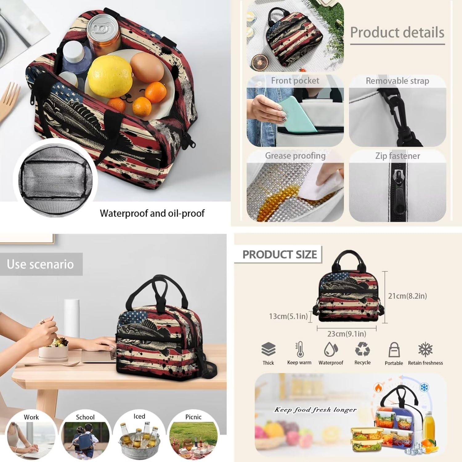 School Backpack Set with Lunch Box Pencil Case 3 In 1 American Flag Fish School Bag Bookbag for Boys Girls Lager Capacity Student Daypack