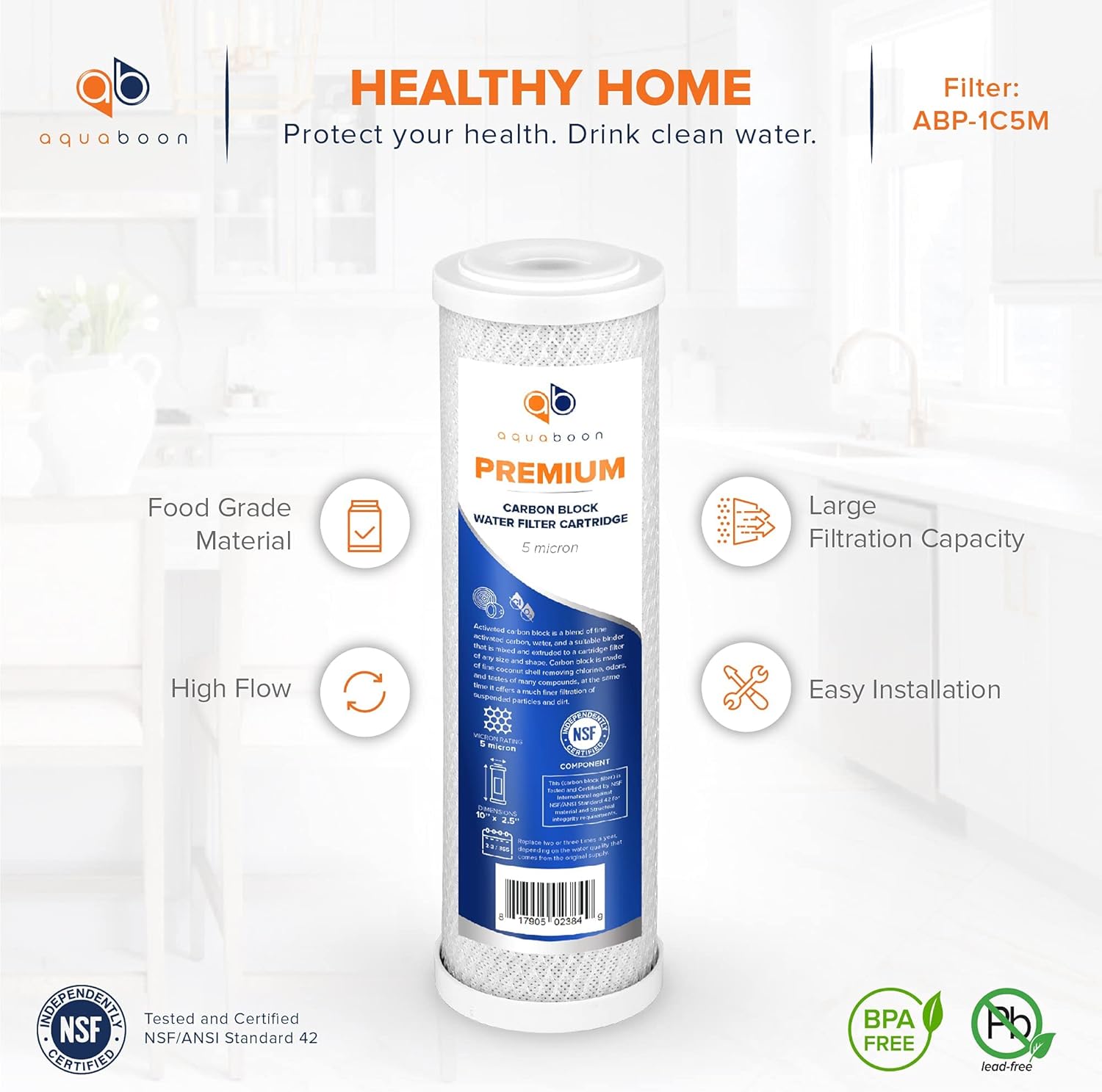 Aquaboon Premium 5 Micron Carbon Block Water Filter 10" x 2.5" – 3-Pack CTO Whole House Filters for Countertop & Under Sink Systems, Compatible with FXWTC