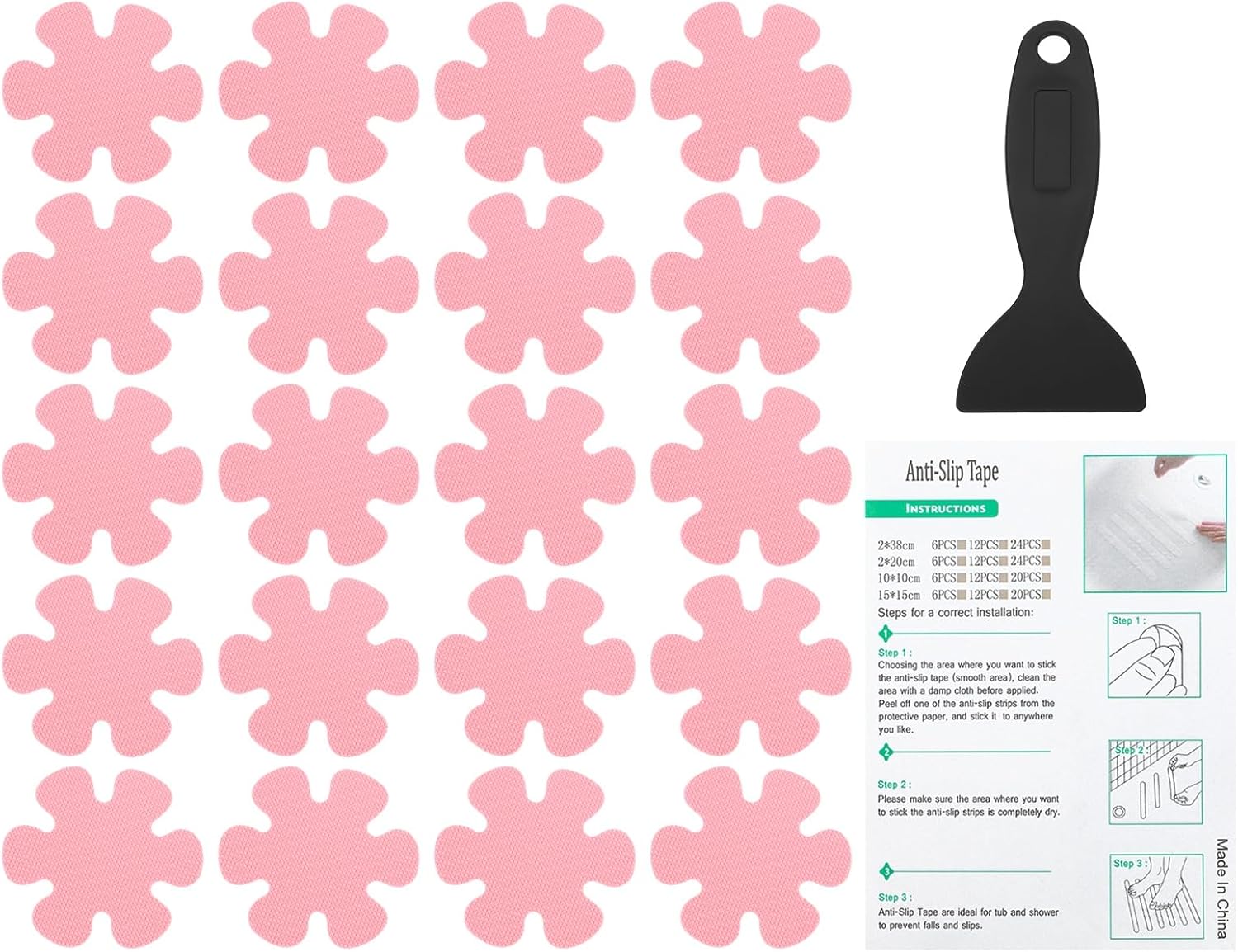PATIKIL Bathtub Non Slip Stickers 3.2 x 3.2 Inch, 20 Pack Flower Safety Shower Floor Anti Slip Stickers with Adhesive Decals Scraper for Bath Tub Shower Floor Stair, Pink