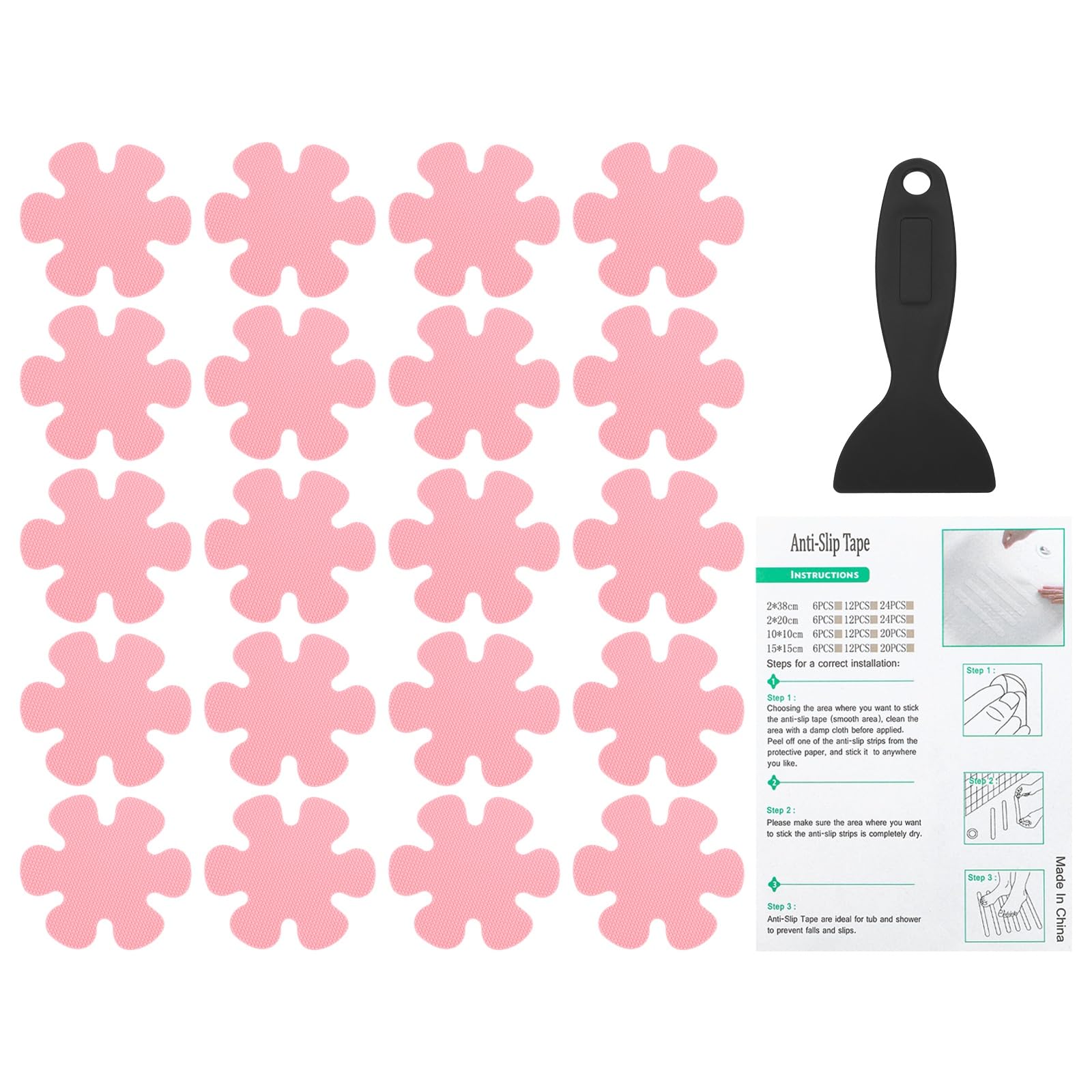 PATIKIL Bathtub Non Slip Stickers 3.2 x 3.2 Inch, 20 Pack Flower Safety Shower Floor Anti Slip Stickers with Adhesive Decals Scraper for Bath Tub Shower Floor Stair, Pink