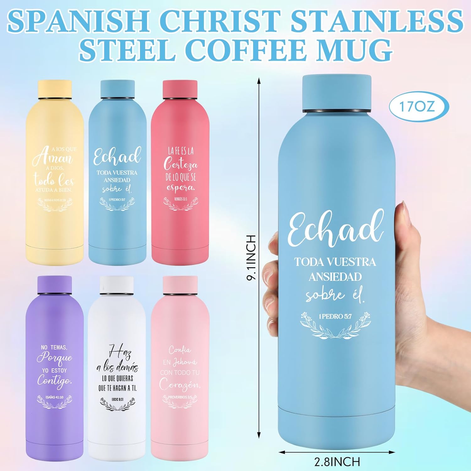 6 Pcs Christian Water Bottles Mothers Day Gift Bible Stainless Steel Bottle with Lid 17oz Reusable Sports Water Bottles for Church Events Bible Study(Spanish Style,Colorful)