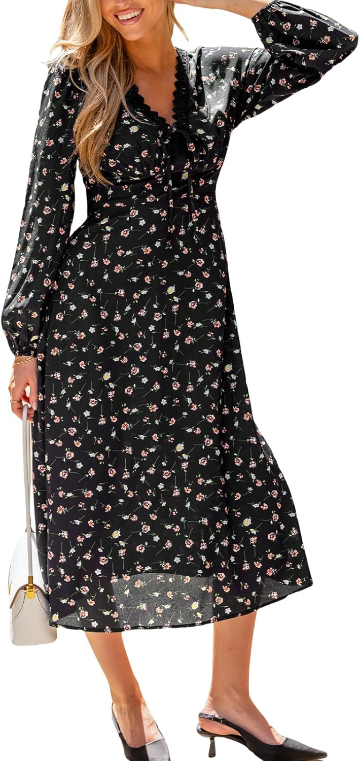 CUPSHE Women Fall Dresses for Women Tie Front Lace V Neck Long Sleeve Floral Smocked A Line Casual Mini Dress