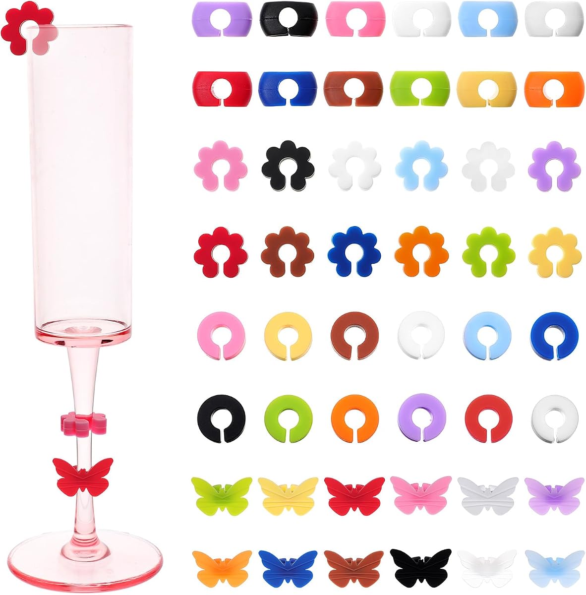 Silicone Wine Glass Charms 48 Pcs - 4 Shapes Drink Markers for Stem Glasses | Fits most stemware including wine, champagne, and cocktail glasses. Colorful designs help guests identify their drinks easily