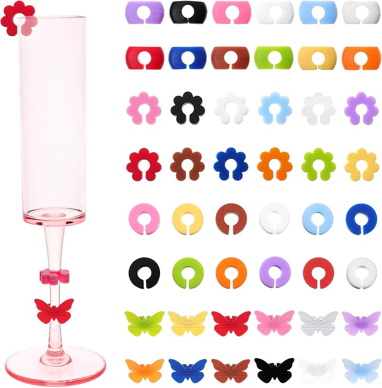 Silicone Wine Glass Charms 48 Pcs - 4 Shapes Drink Markers for Stem Glasses | Fits most stemware including wine, champagne, and cocktail glasses. Colorful designs help guests identify their drinks easily