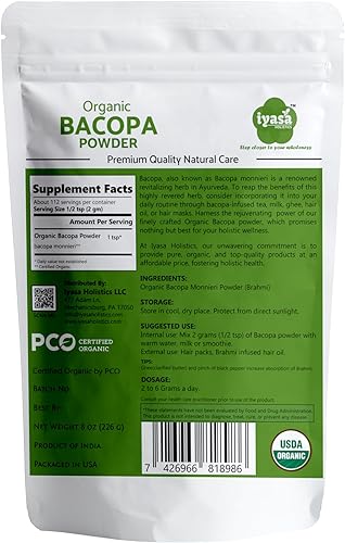 Vista 2 de Polvo de bacopa orgánico (hoja de Brahmi), superalimento ayurveda orgánico certificado, tónico para el cabello y el cerebro, bolsa resellable de 8