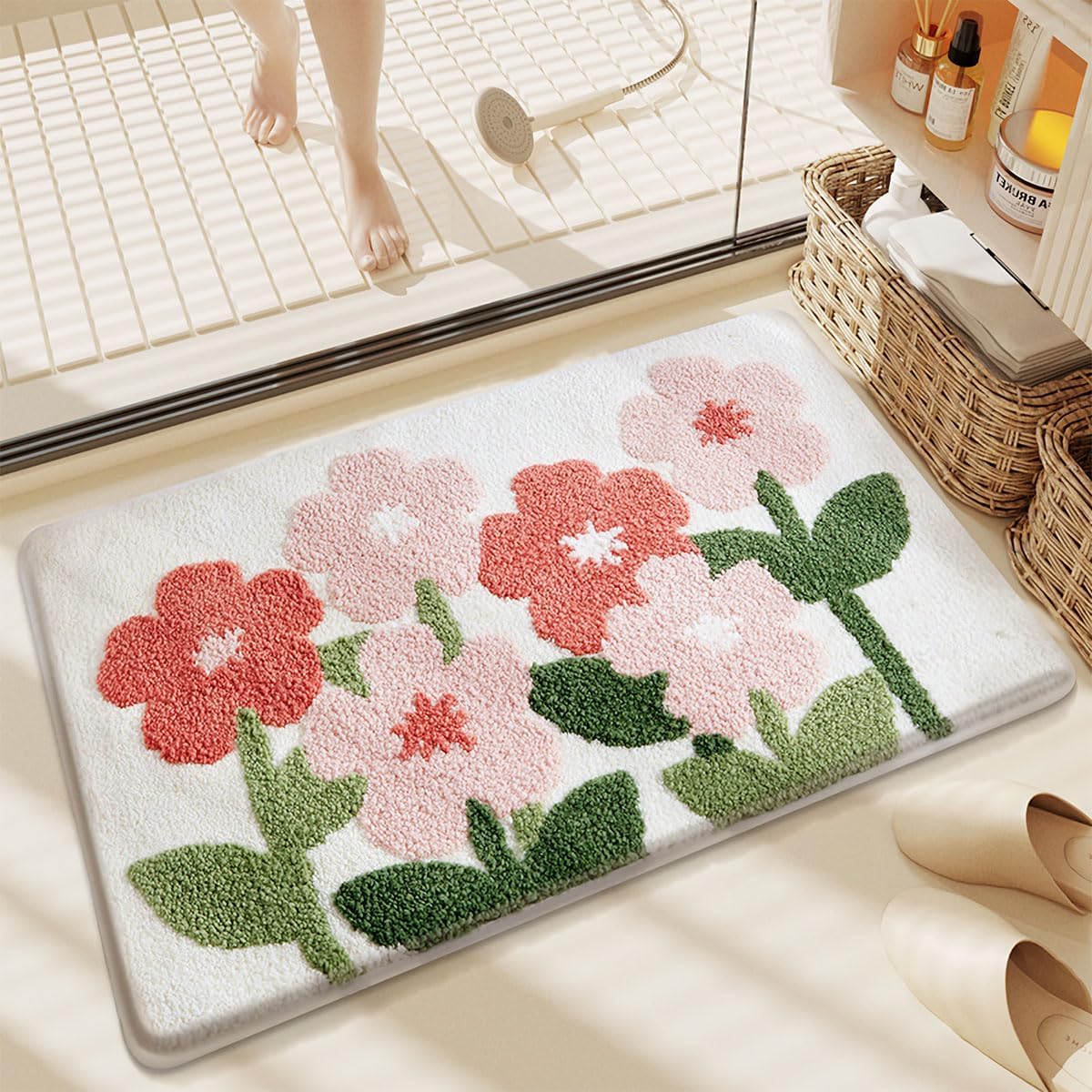 Plants Bathroom Mat Cute Absorbent Bath Rug Non Slip and Machine Washable Bath Shaggy Carpet for Kitchen, Bedroom and Living Room (Pink Flowers, 23"