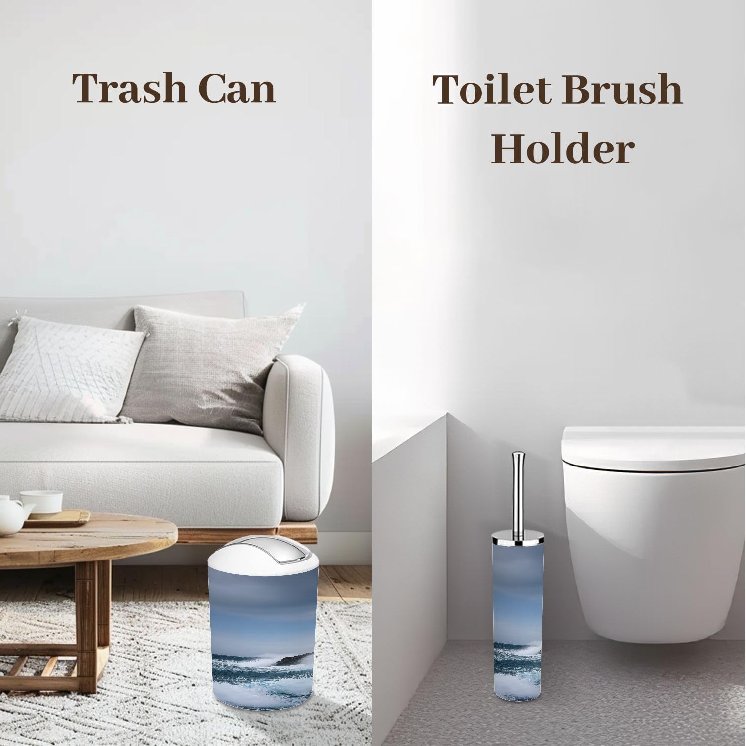 Bathroom Accessory Set 6 Piece White Lighthouse Cliff Trash can, Toothbrush Holder, Soap Dispenser, Soap Dish, Toothbrush Cup, Toilet Brush Holder