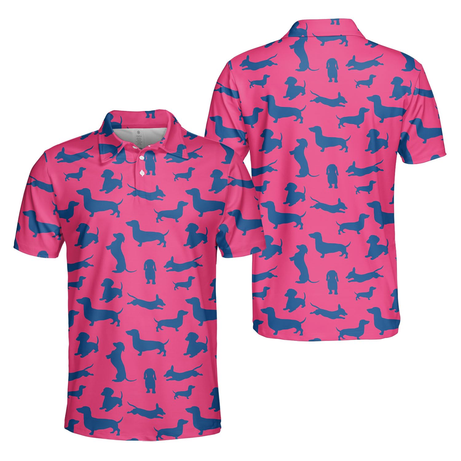 Mens Dachshund Dog Polo Golf Shirts for Men, Men's Golf Short Sleeve Shirt, Hotdog Aloha Hawaiian Polo Shirts Pink