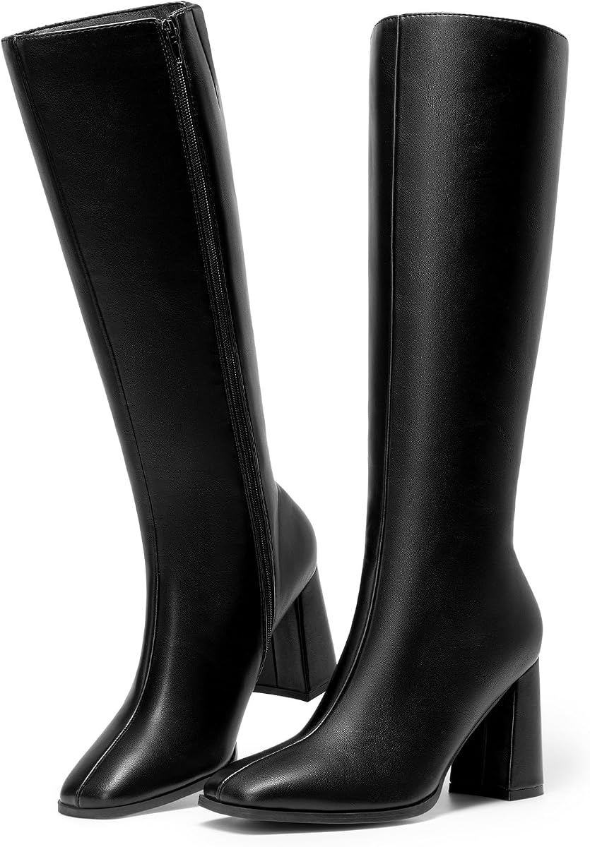 DREAM PAIRS Botas hasta la rodilla con tacón y punta cuadrada para mujer | Tacón de bloque grueso de 3,35 pulgadas, cremallera lateral, suela antideslizante, piel sintética, botas largas altas para fiesta elegante de moda diaria
