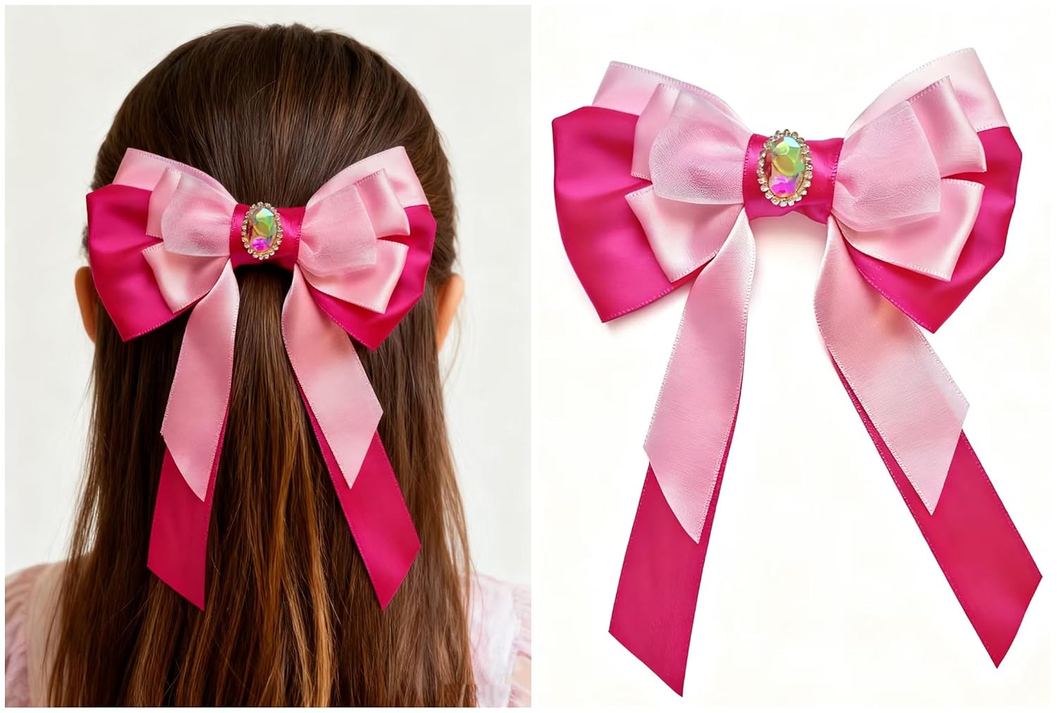 AACKS Princess Hair Bows Clips Pink Cheer Hair Bow Clip with Jewel Center – Large Layered Pink Ribbon Bow for Girls Women