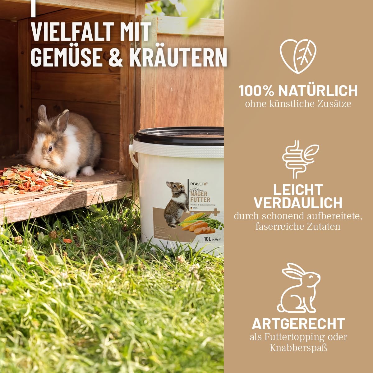 ReaVET Natur Nagerfutter 10 L – Kaninchenfutter, Meerschweinchenfutter auch für Hamster & Mäuse I Artgerecht mit Gemüseflocken, Kräutern, Getreide & Luzerne I Ohne künstliche Zusätze