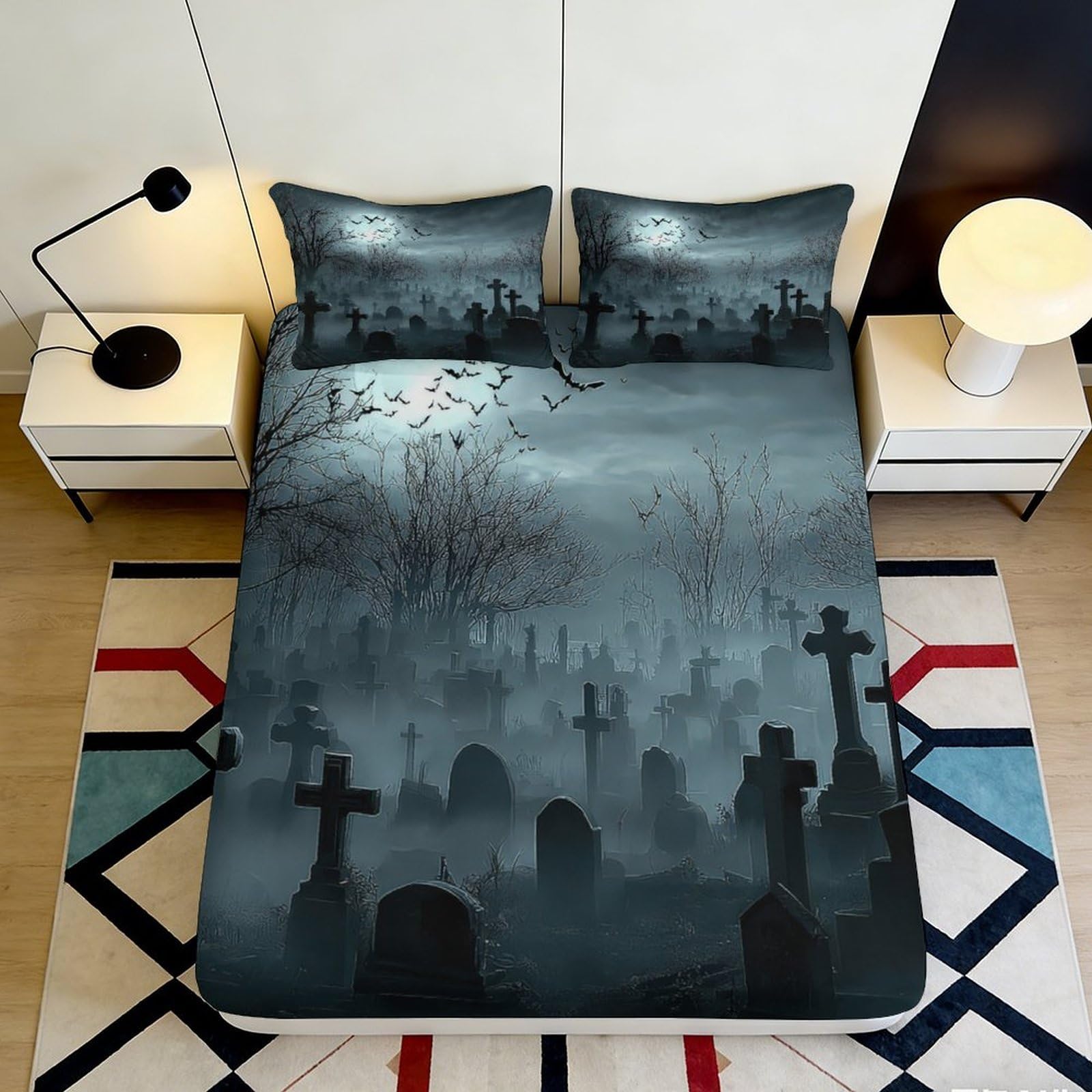 3D Printed Dark Cemetery Fitted Sheet Microfiber Gothic Graveyard Mattress Cover for Bedroom Dorm Decoration Protection 90x200x25cm