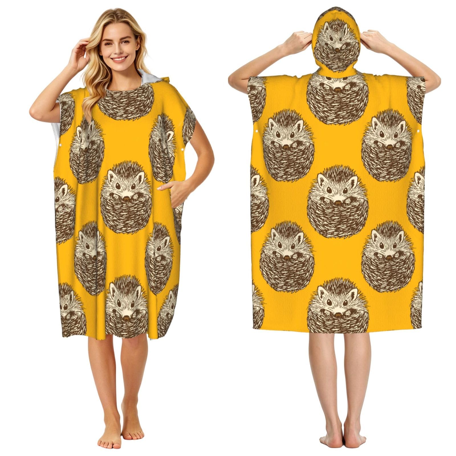 Poadnly Cute Hedgehog, Adult Hooded Beach Towel 90 x 110 cm,Changing Bath Robe, Surf Poncho Towel For Women Men