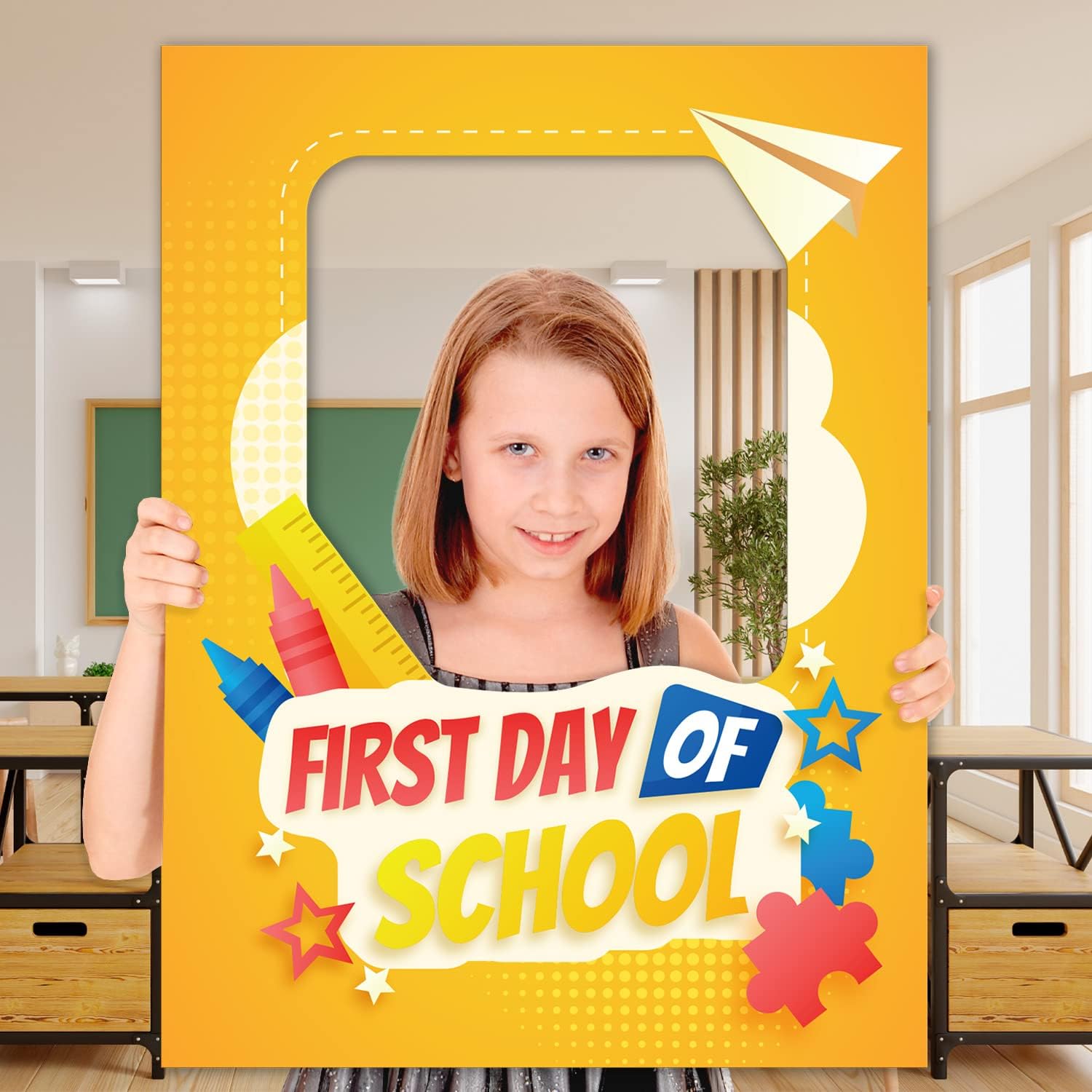 Soul Décor Back to School Photo Prop Board, Picture Frame First Day of School, Cute and Creative First Day of School Picture Idea, Cut Out Yellow Board Sign, Coro Plastic, Made in The USA