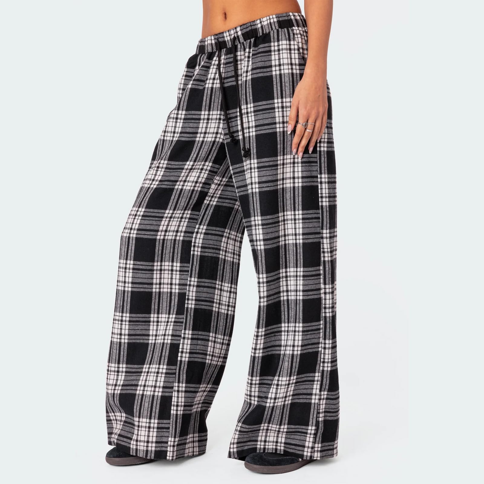 Sexy Outfit Pantalon de Salon à Jambes Larges pour Femmes, Confortable, Taille élastique, Baggy, à Carreaux, Palazzo, Ample, Cordon de Serrage, avec Poche