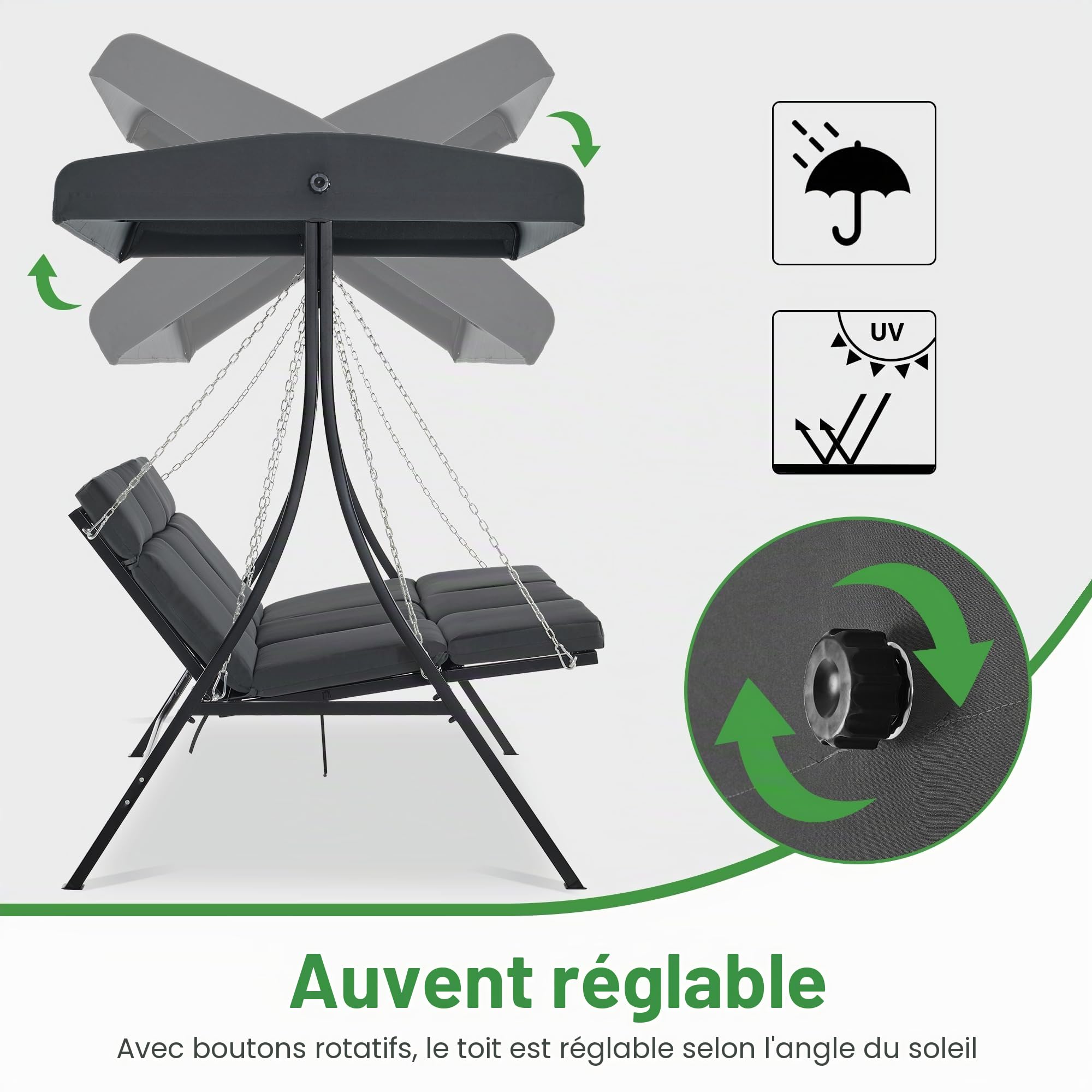 M MCombo Balançoire Hollywood avec Fonction inclinable, balançoire de Jardin 3 Places résistante aux intempéries, Banc balançoire avec chaînes en métal, Toit réglable, 8018 (Gris Gel foncé)
