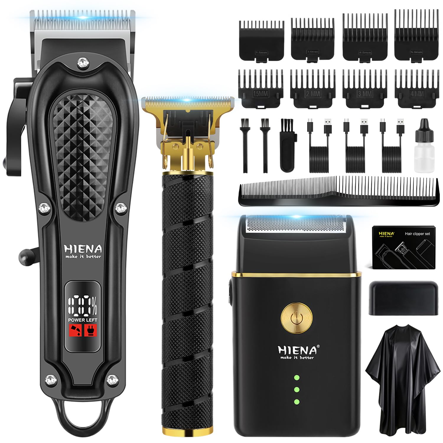 HIENA PRO Profi Haarschneidemaschine Set für Männer, Schnurloses Haarschneider, Barttrimmer, Folienrasierer Set, USB Wiederaufladbares Komplettes Elektrischer Haarschneide-Kit mit 8 Führungskamm