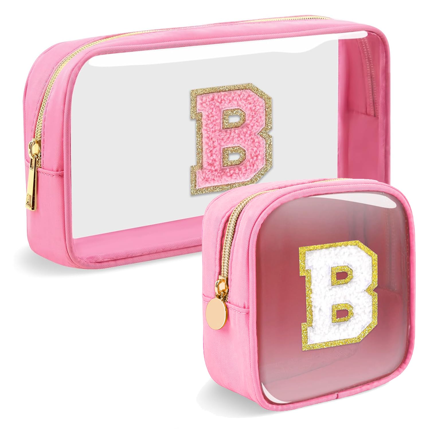 2pcs Personalized Initial Letter Clear Makeup Bag | Waterproof Nylon Preppy Cosmetic Bag | Travel Toiletry Bag | Monogrammed Gifts for Women Girl |