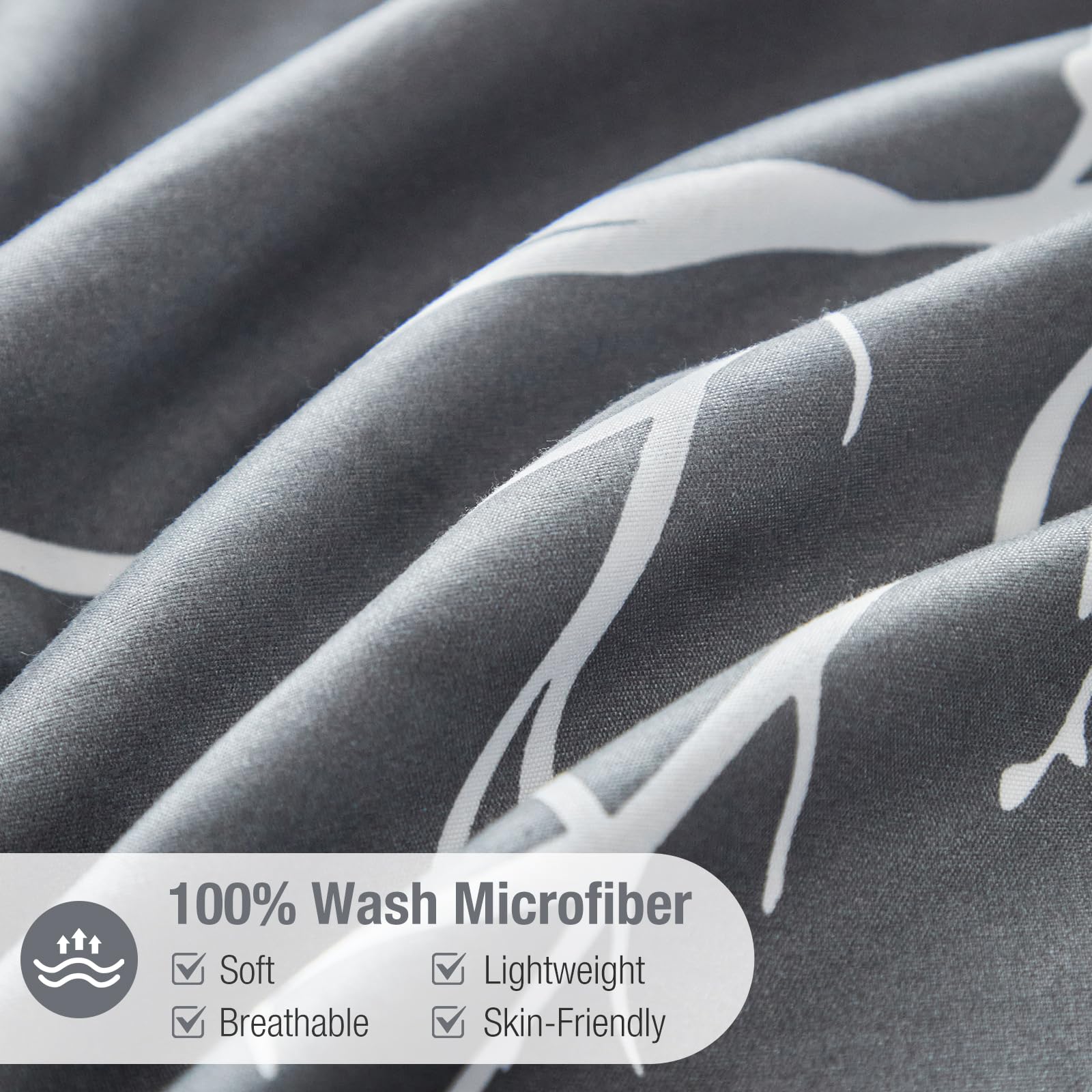 Tokokimo Set Copripiumino Matrimoniale 240x220cm, Copripiumino Matrimoniale 3 Pezzi in Microfibra Con Motivo a Ramoscelli e Foglie, Comprendente 1 Copripiumino 240x220 + 2 Federe 50x80, Grigio/Bianco