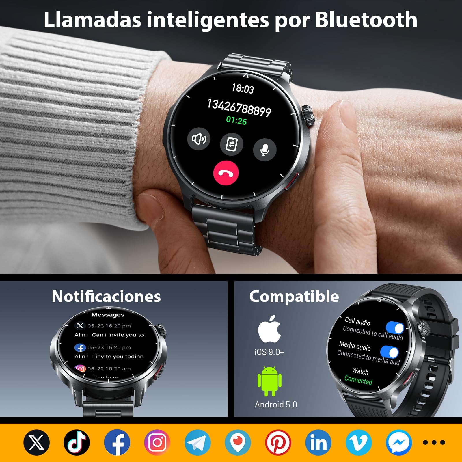 SLOKSFil Reloj Inteligente Hombre con Bluetooth Llamada, 1000mAh Smartwatch Hombre con 1,52" HD/110+ Modos Deportes/24/7 Pulsómetro/Sueño/IP68 Impermeable/Podómetro Android iOS (Acero Negro)