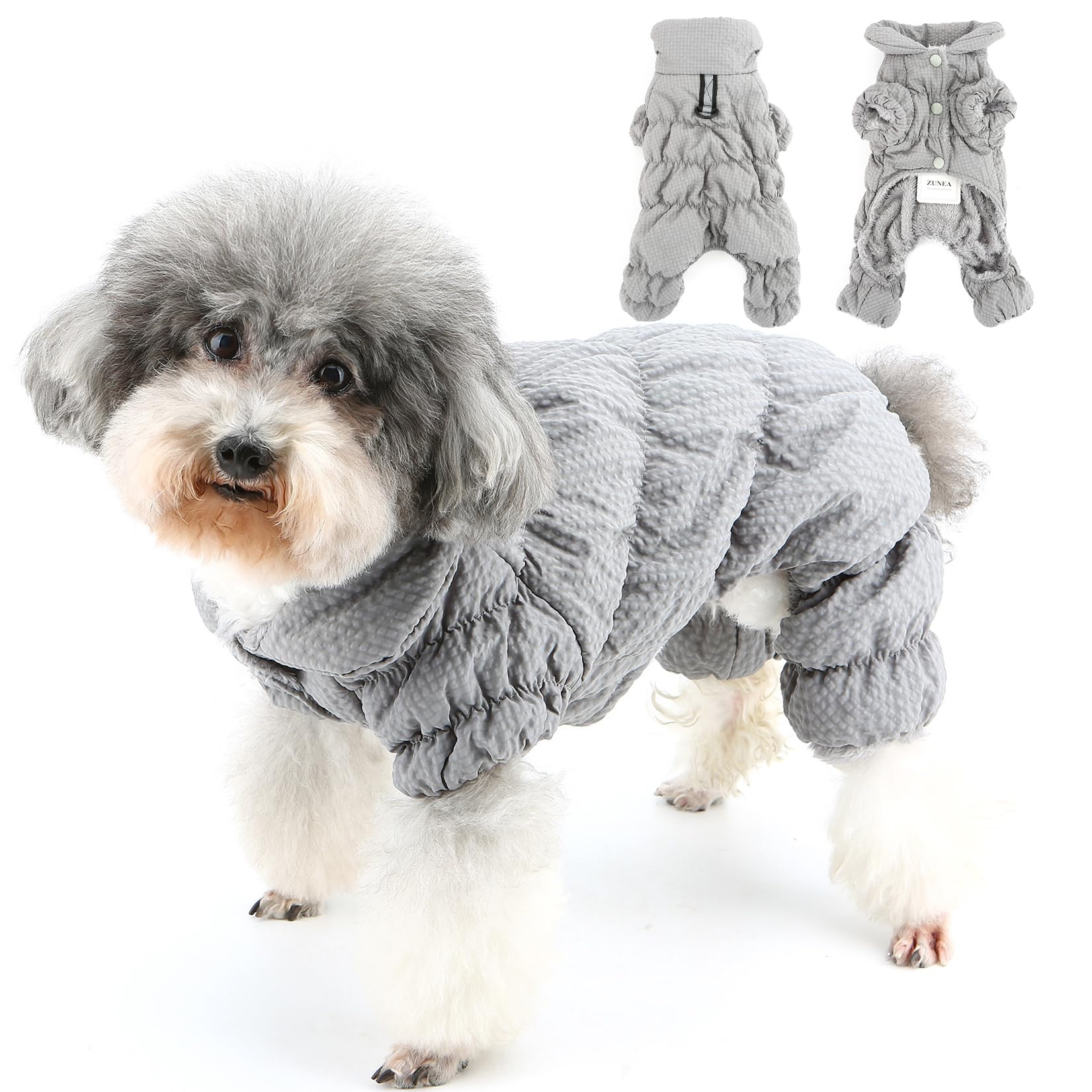 Zunea Waterproof Dog Winter Coats Fullbody Puppy Snowsuit Fleece Lined Down Jacket Coat with Leash Ring Reflective Cold Weather Snow Jumpsuit Pet Apparel Outfits for Extra Small/Small Dogs Gray L
